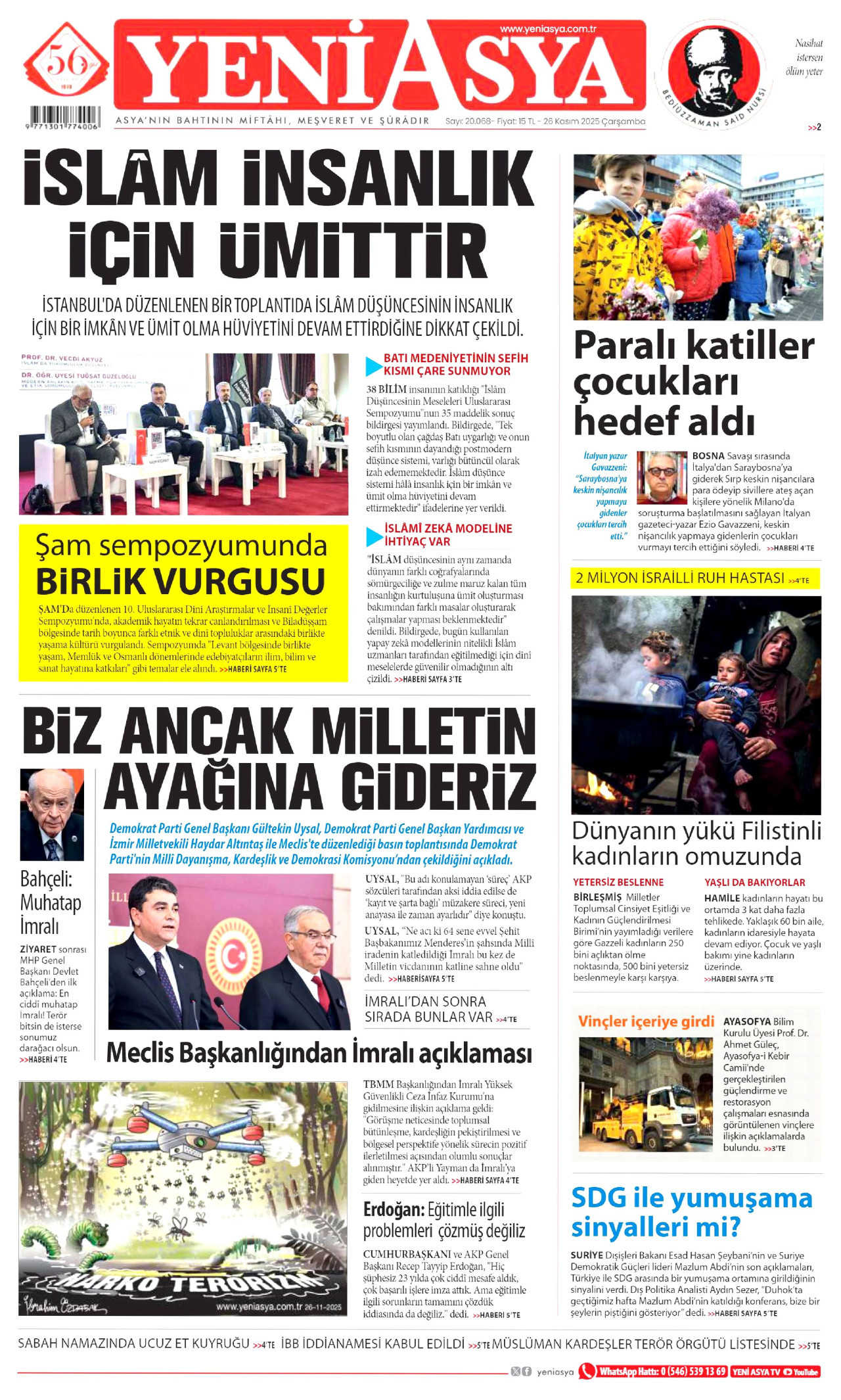 YENİ ASYA gazetesinin 26 Kasım 2025 tarihli birinci sayfası
