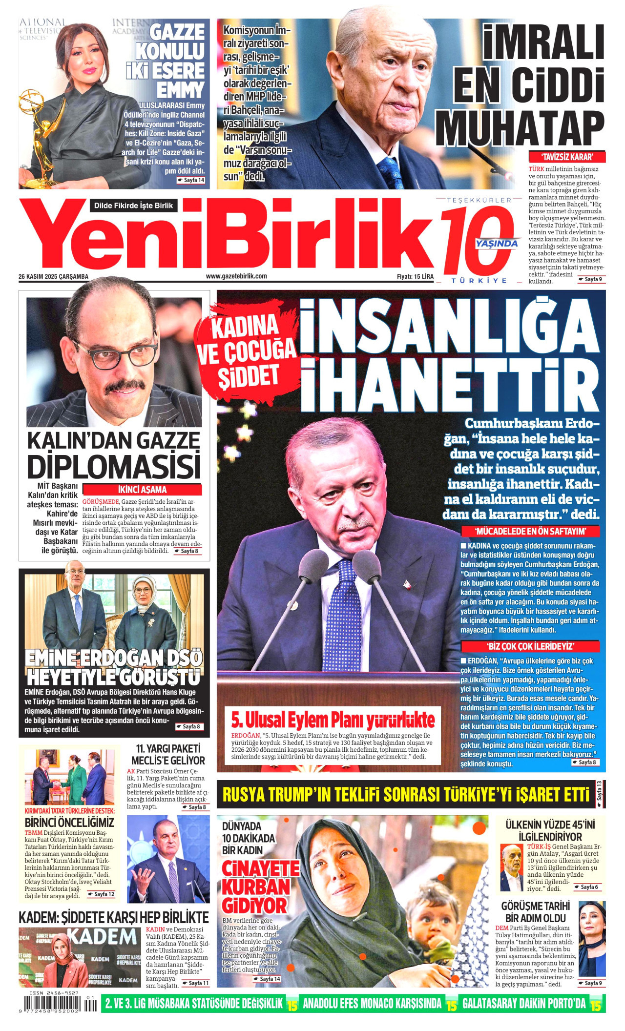 YENİBİRLİK gazetesinin 26 Kasım 2025 tarihli birinci sayfası