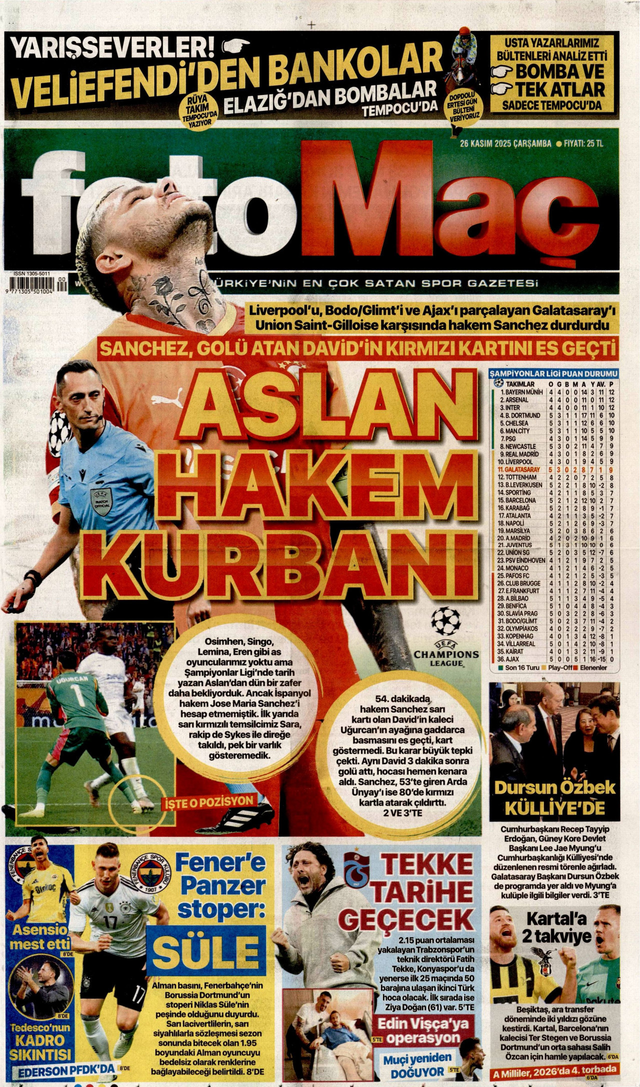 FOTOMAÇ gazetesinin 26 Kasım 2025 tarihli birinci sayfası