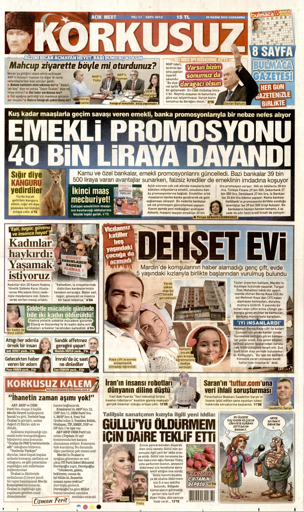 KORKUSUZ gazetesinin 26 Kasım 2025 tarihli birinci sayfası