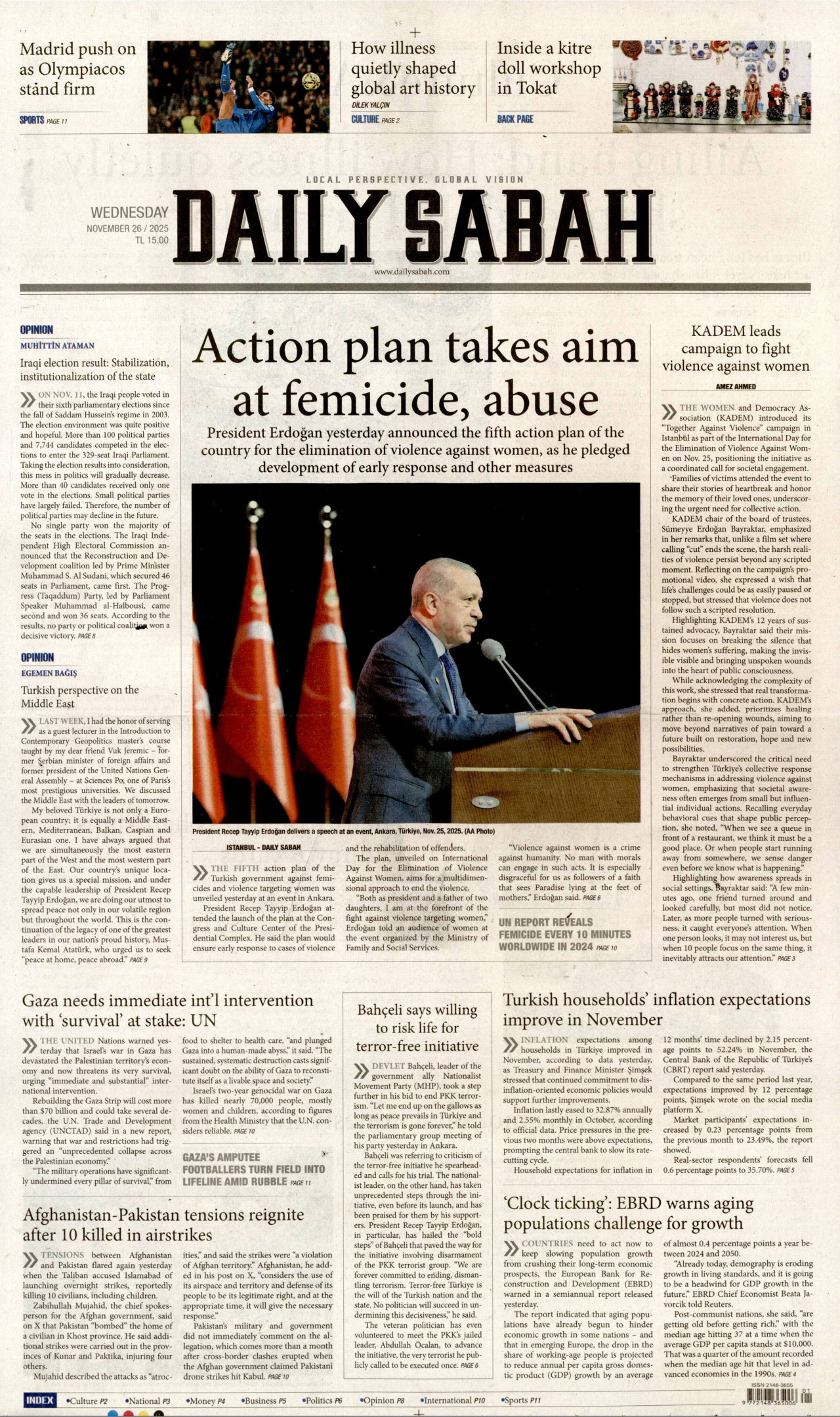 DAİLY SABAH gazetesinin 26 Kasım 2025 tarihli birinci sayfası