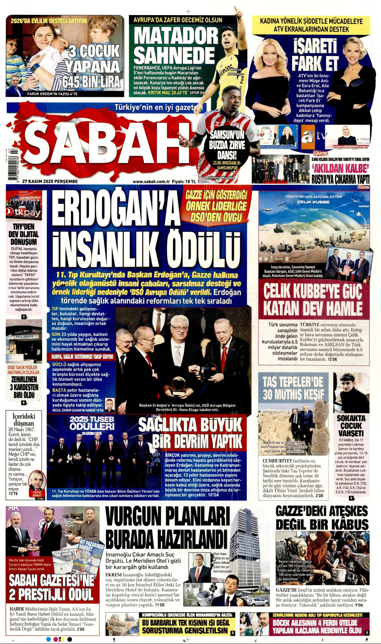 SABAH gazetesinin 27 Kasım 2025 tarihli birinci sayfası