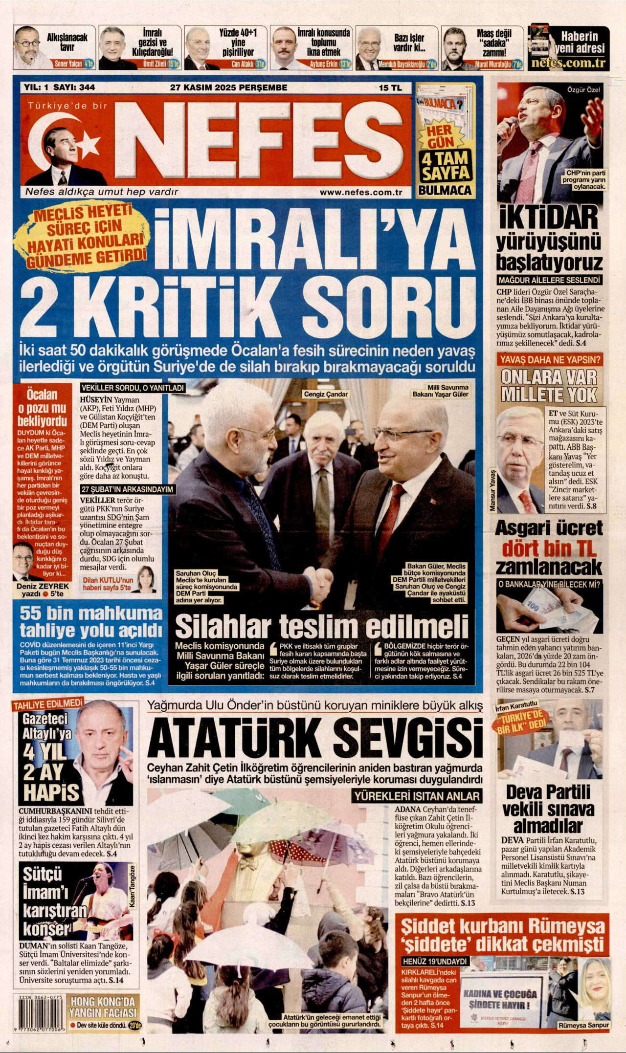 NEFES gazetesinin 27 Kasım 2025 tarihli birinci sayfası