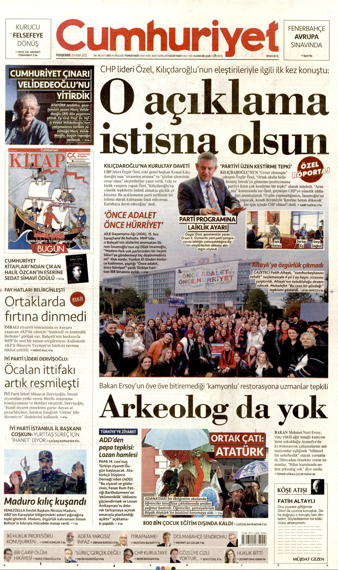 CUMHURİYET gazetesinin 27 Kasım 2025 tarihli birinci sayfası