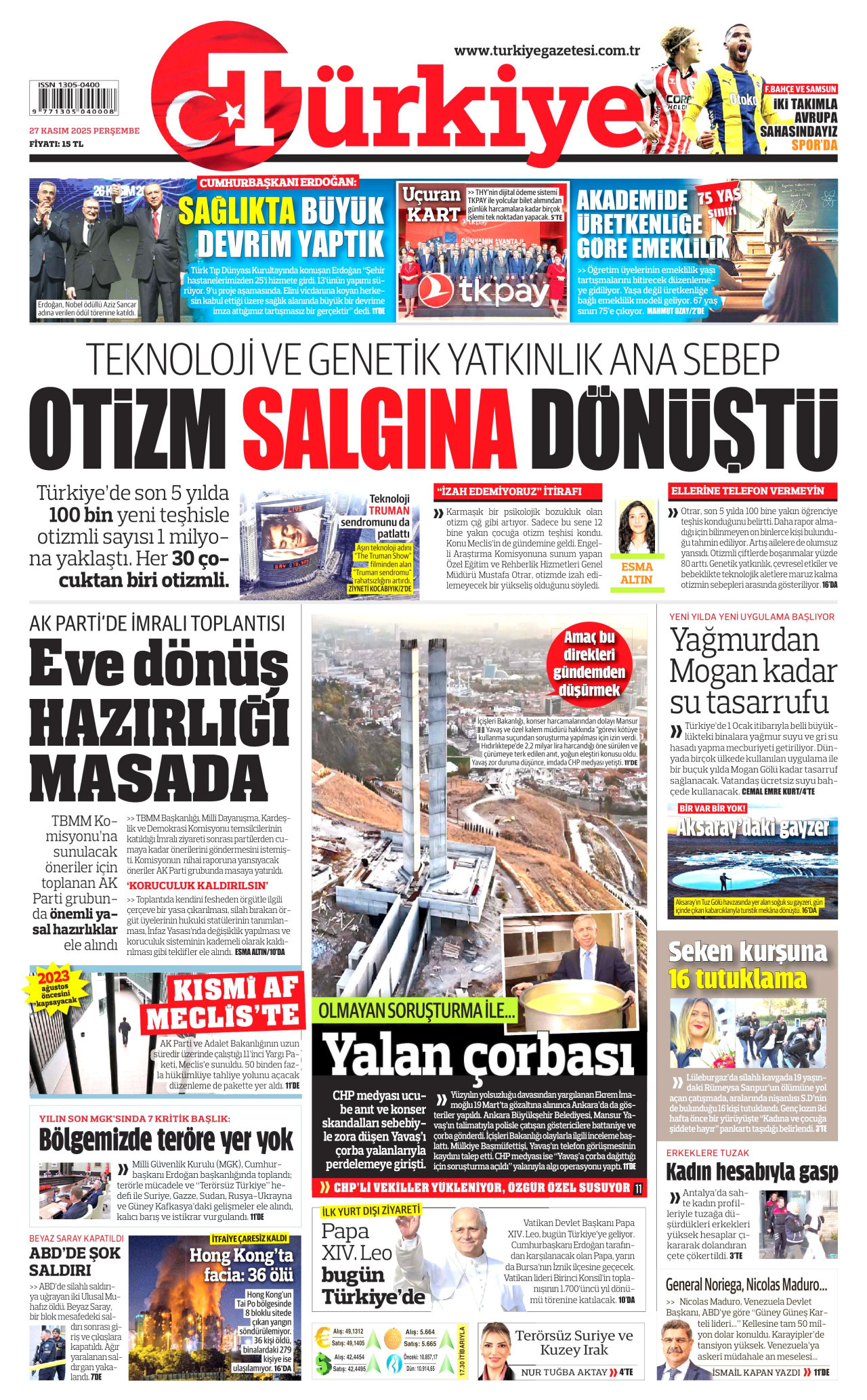 TÜRKİYE GAZETESİ gazetesinin 27 Kasım 2025 tarihli birinci sayfası