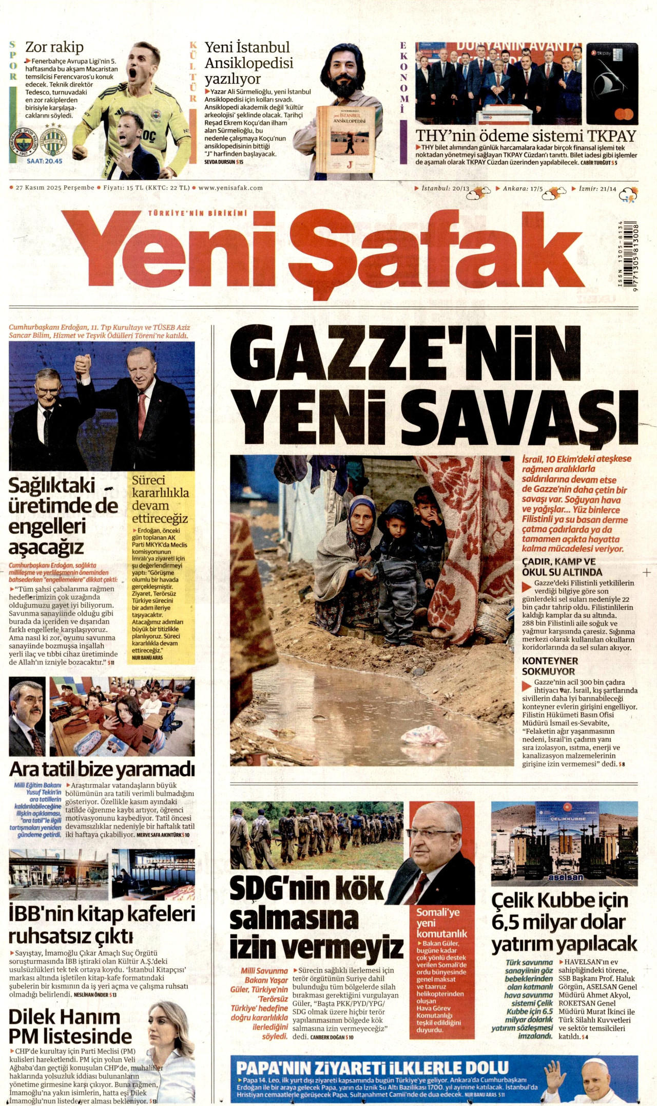 YENİ ŞAFAK gazetesinin 27 Kasım 2025 tarihli birinci sayfası