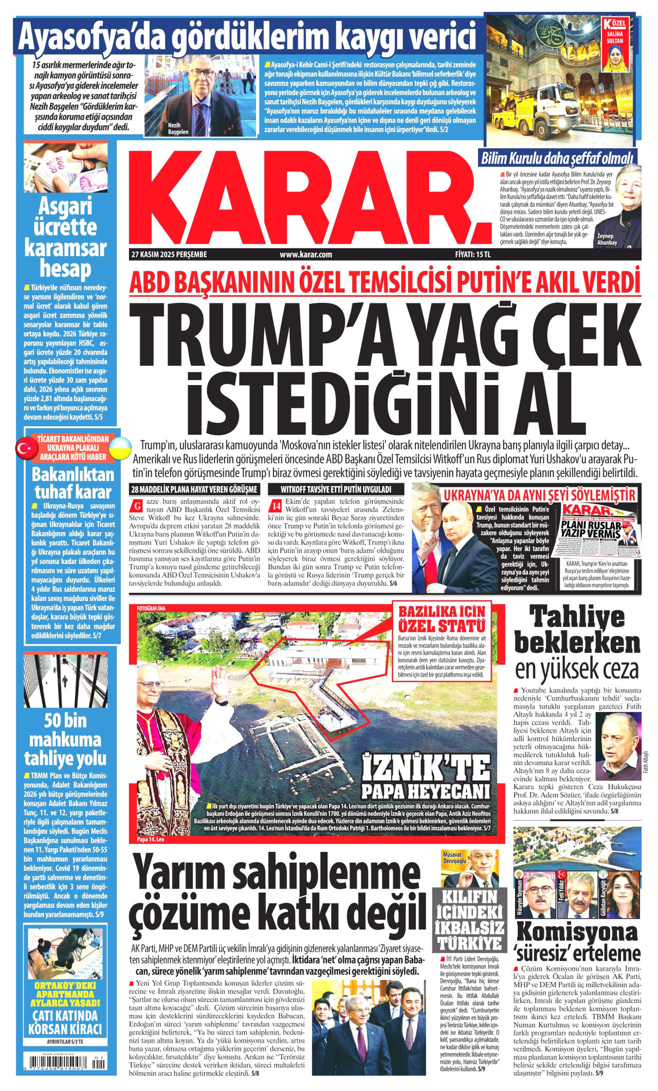 KARAR gazetesinin 27 Kasım 2025 tarihli birinci sayfası