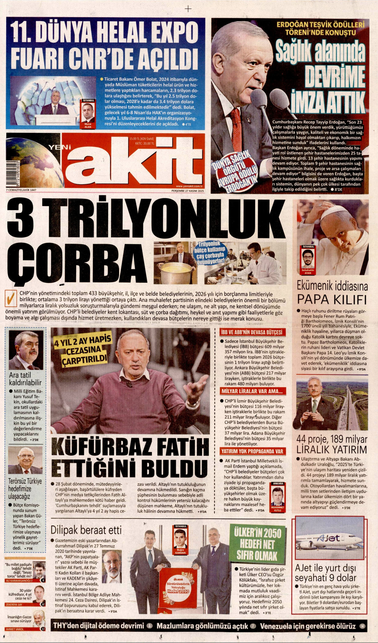 YENİ AKİT gazetesinin 27 Kasım 2025 tarihli birinci sayfası