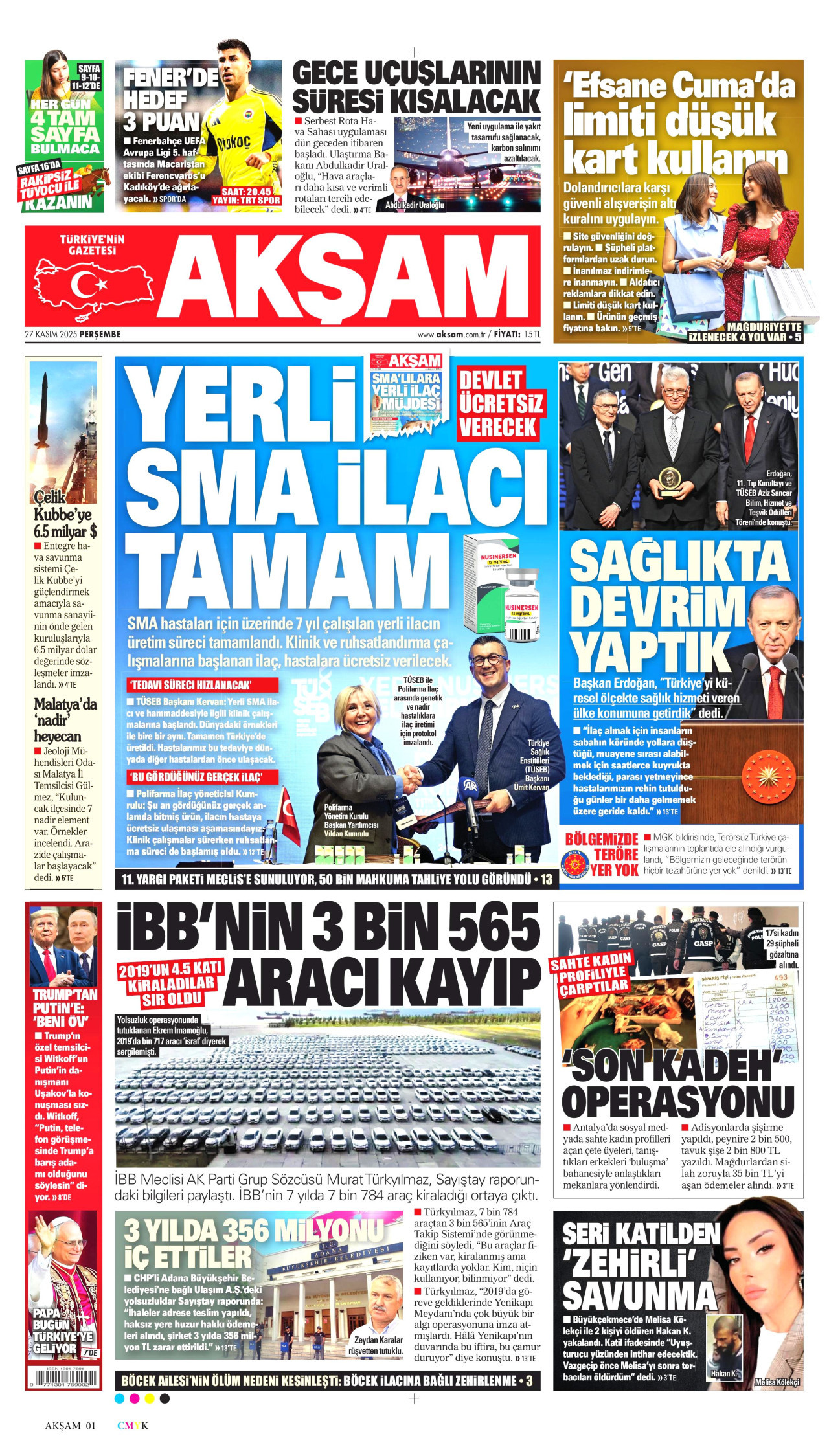 AKŞAM gazetesinin 27 Kasım 2025 tarihli birinci sayfası