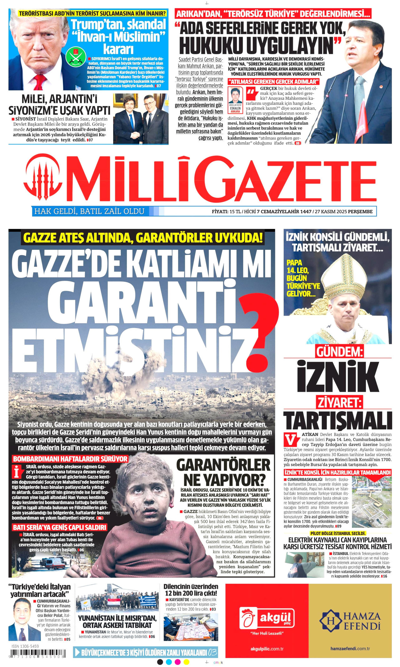 MİLLİ GAZETE gazetesinin 27 Kasım 2025 tarihli birinci sayfası