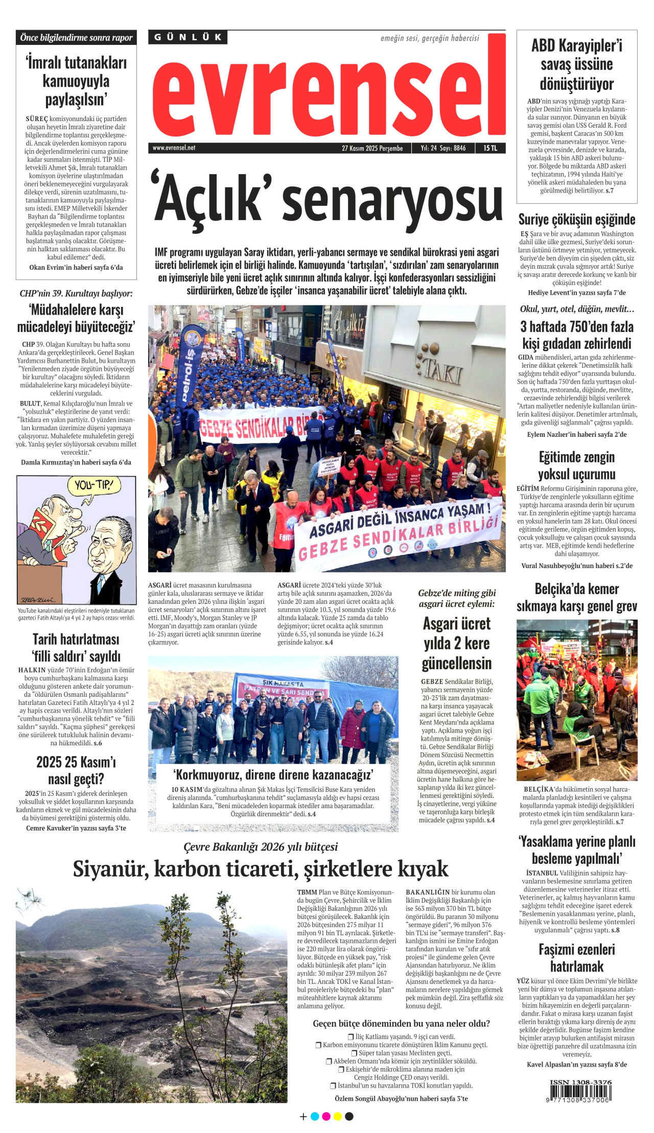 EVRENSEL gazetesinin 27 Kasım 2025 tarihli birinci sayfası