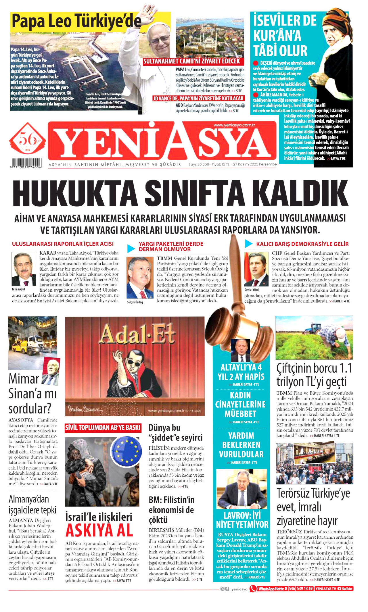 YENİ ASYA gazetesinin 27 Kasım 2025 tarihli birinci sayfası