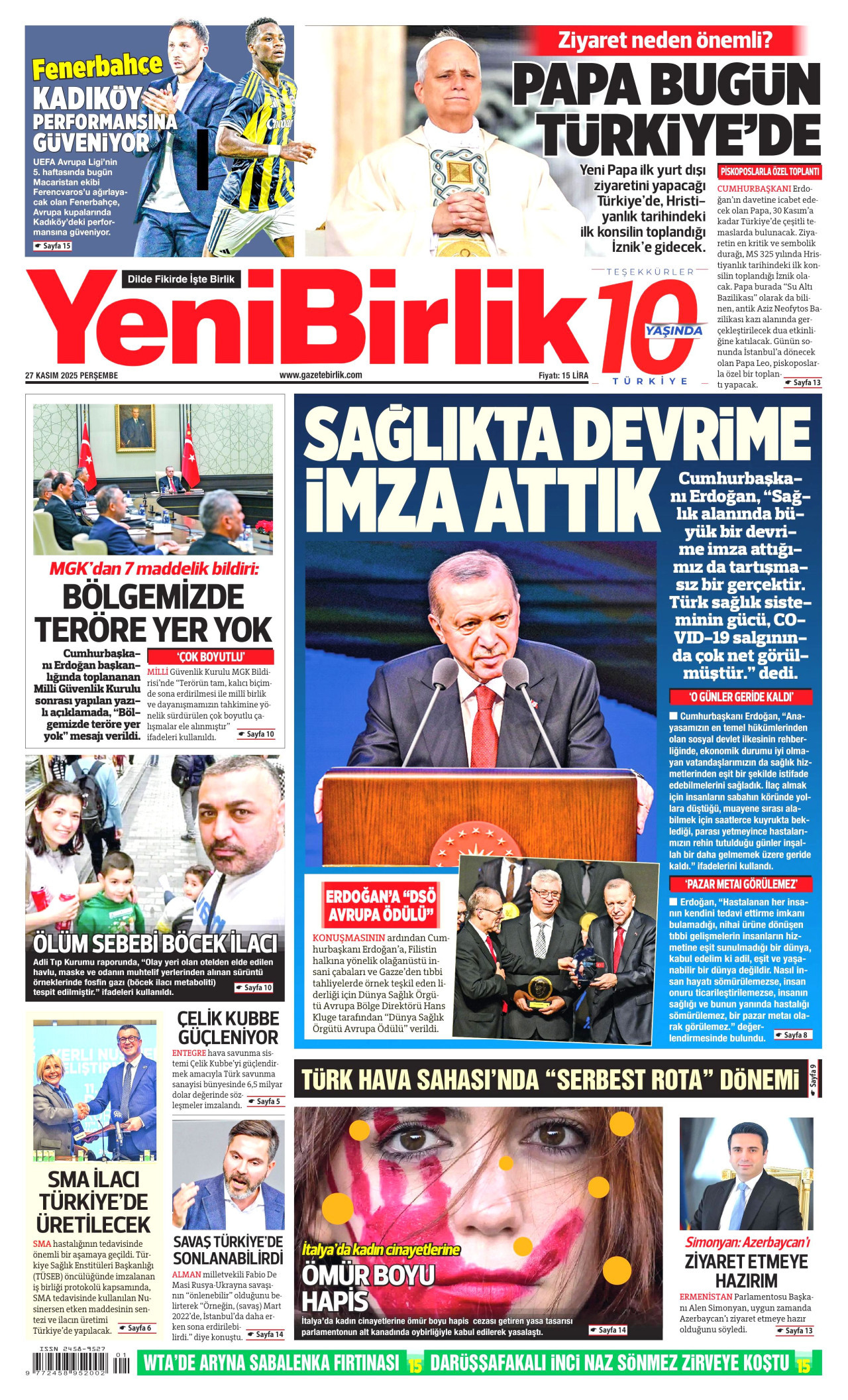 YENİBİRLİK gazetesinin 27 Kasım 2025 tarihli birinci sayfası