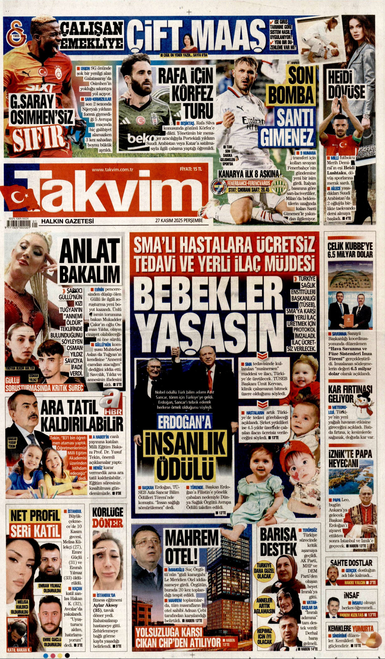 TAKVİM gazetesinin 27 Kasım 2025 tarihli birinci sayfası