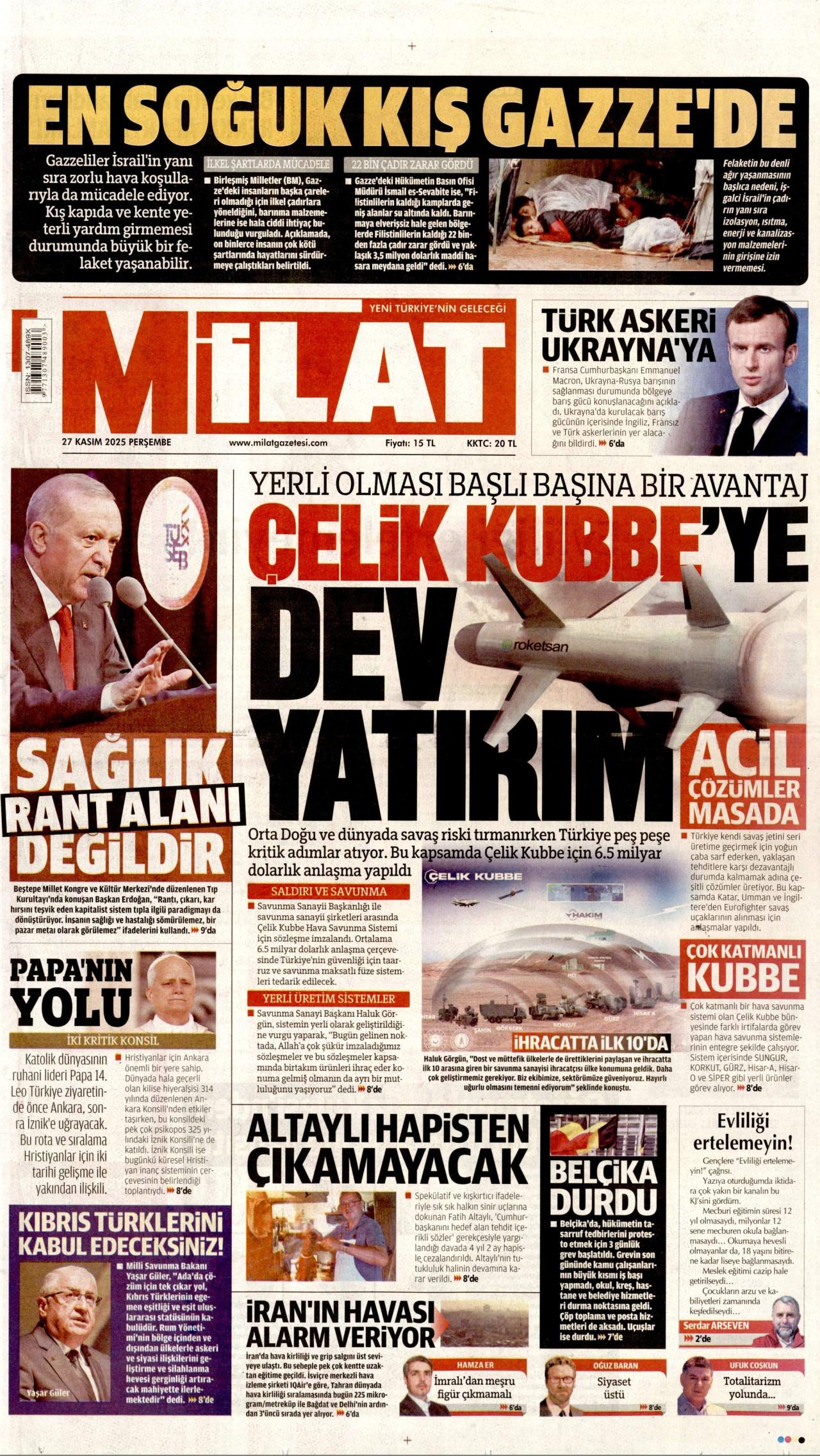 MİLAT gazetesinin 27 Kasım 2025 tarihli birinci sayfası