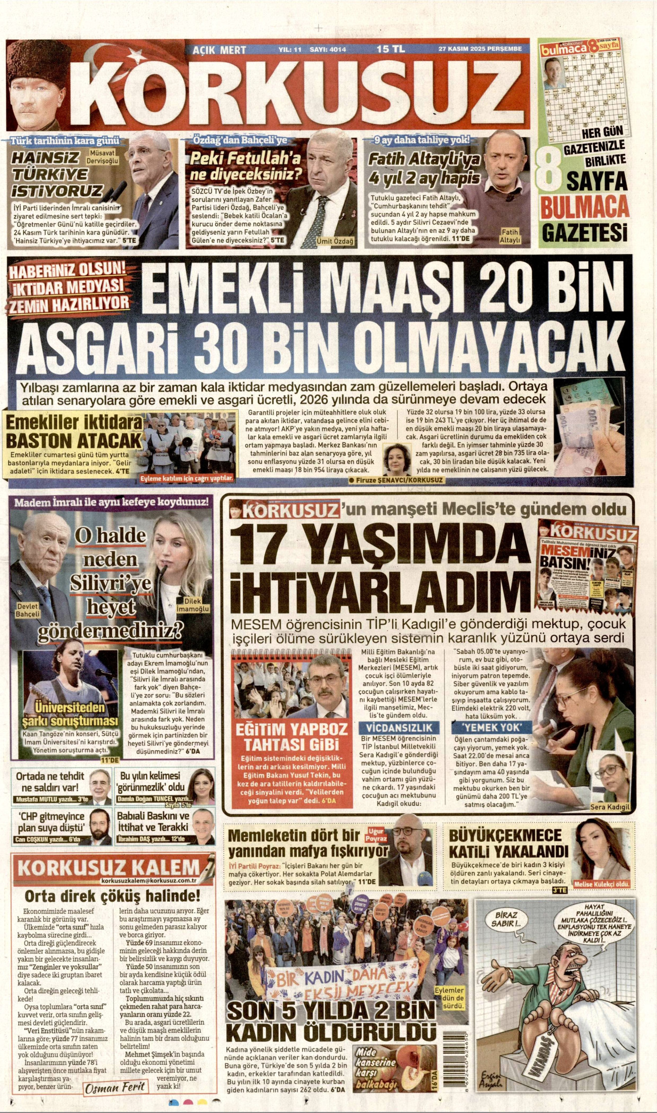 KORKUSUZ gazetesinin 27 Kasım 2025 tarihli birinci sayfası