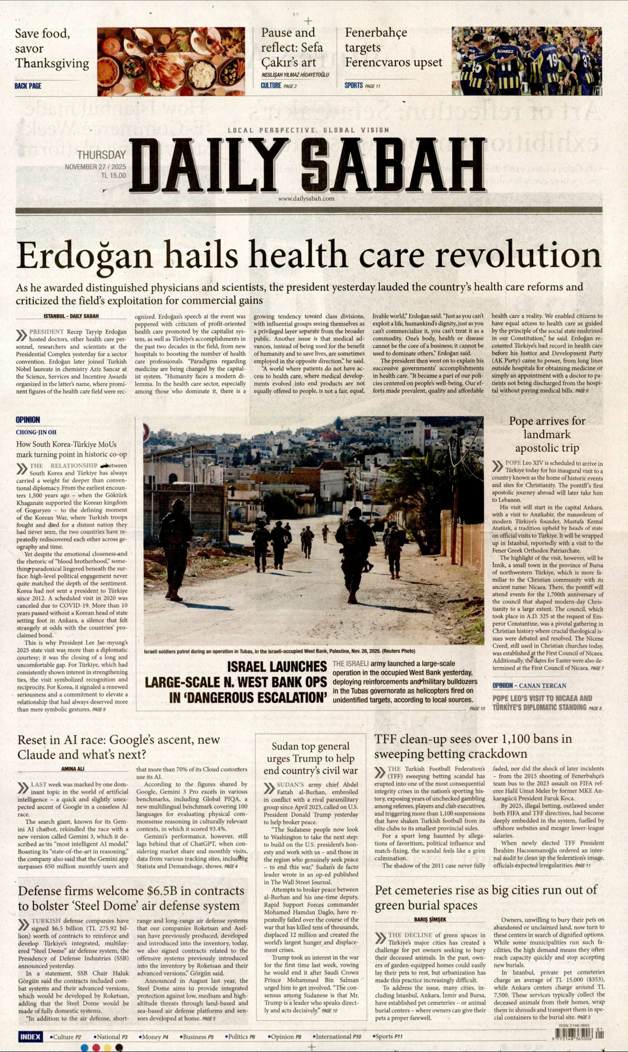 DAİLY SABAH gazetesinin 27 Kasım 2025 tarihli birinci sayfası