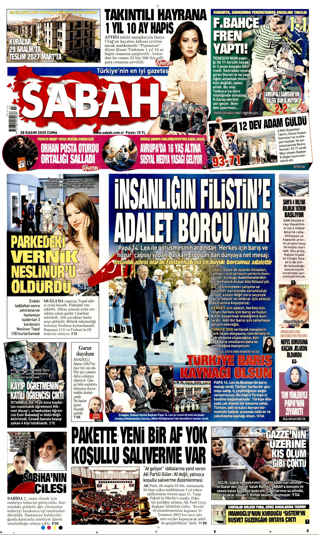 SABAH gazetesinin 28 Kasım 2025 tarihli birinci sayfası