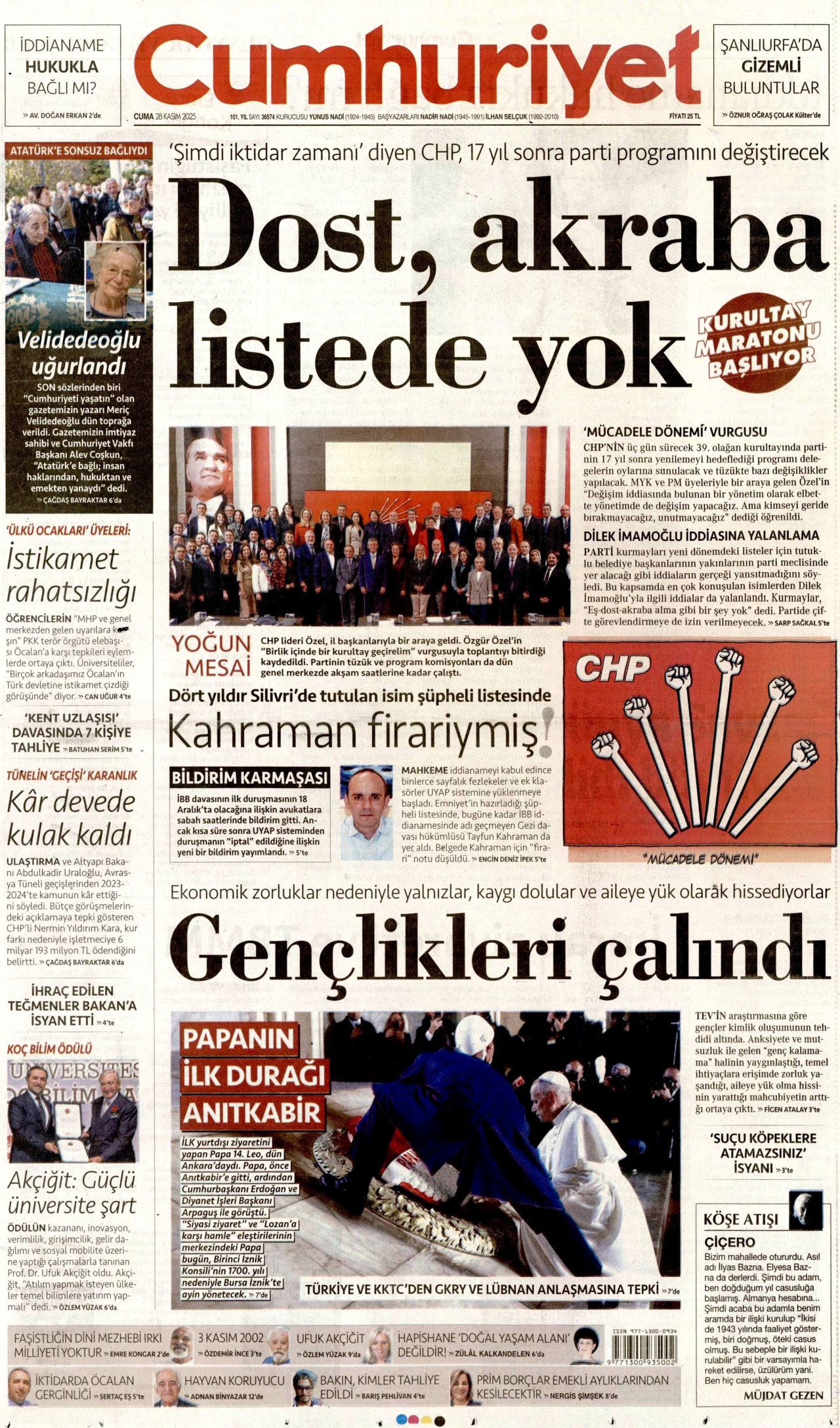 CUMHURİYET gazetesinin 28 Kasım 2025 tarihli birinci sayfası