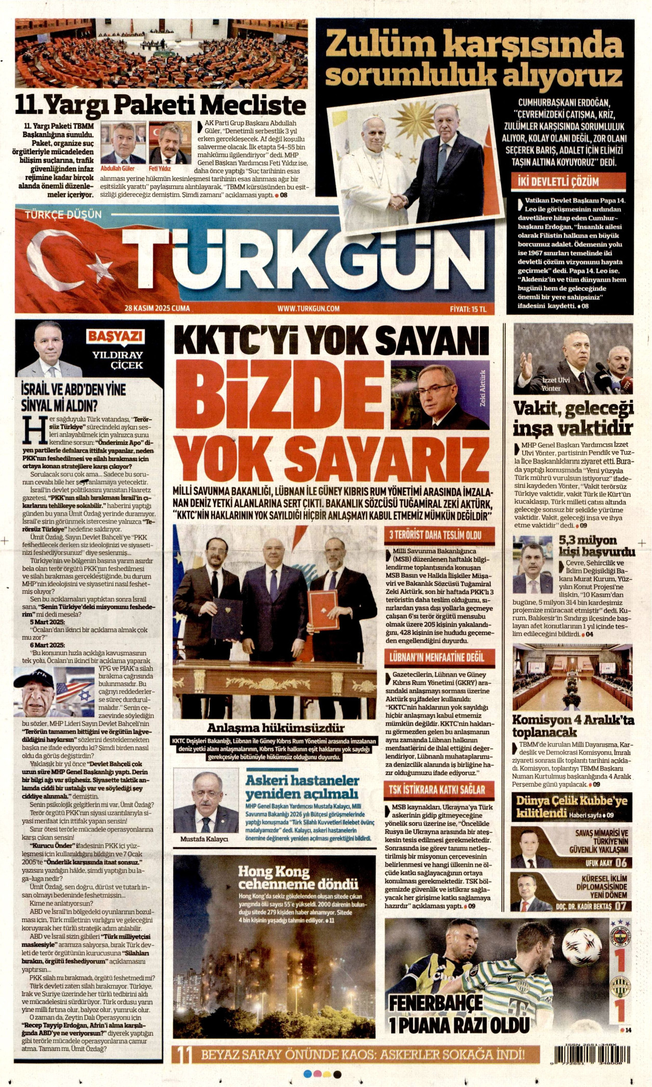 TÜRKGÜN gazetesinin 28 Kasım 2025 tarihli birinci sayfası
