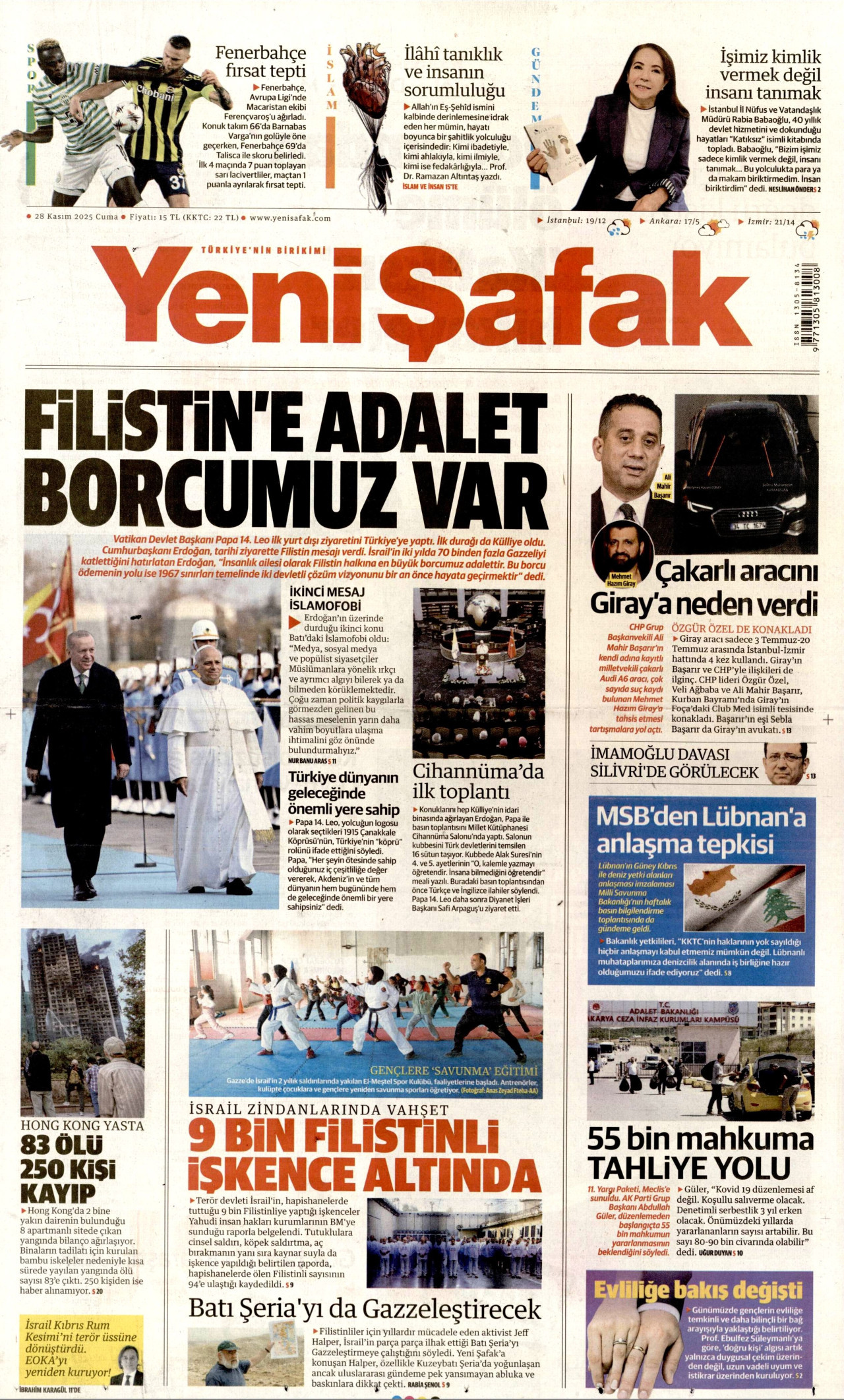 YENİ ŞAFAK gazetesinin 28 Kasım 2025 tarihli birinci sayfası