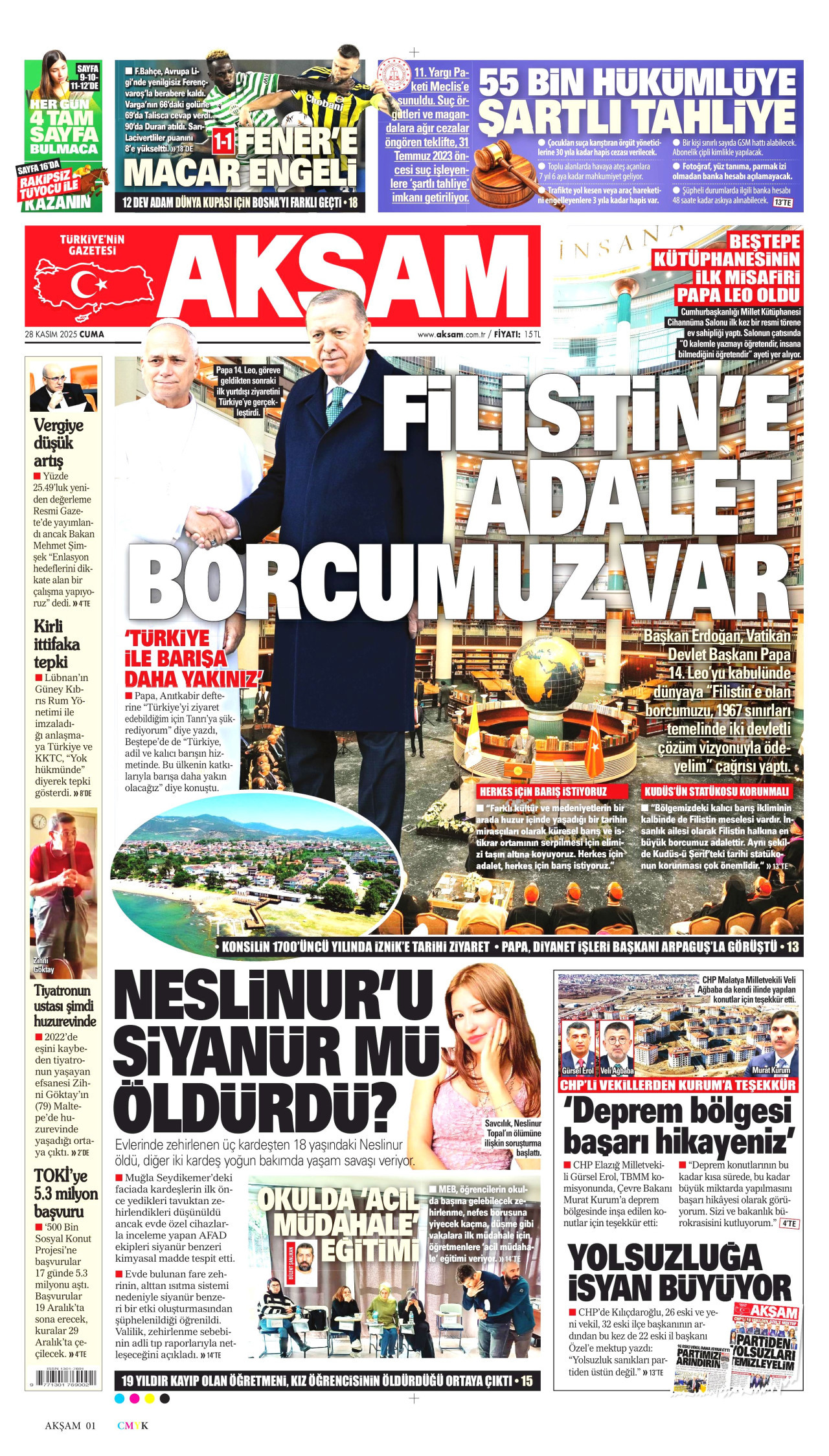 AKŞAM gazetesinin 28 Kasım 2025 tarihli birinci sayfası