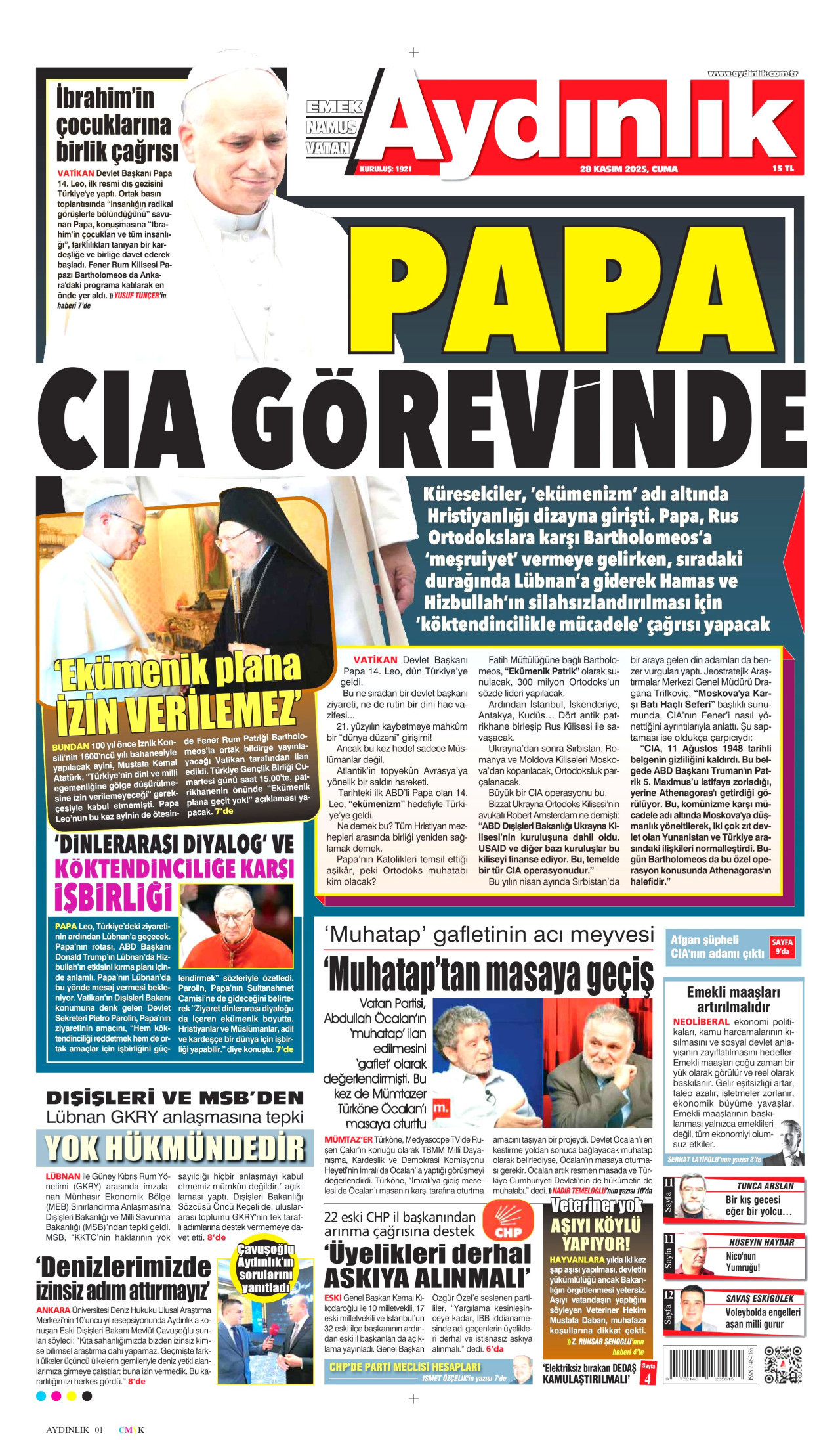 AYDINLIK GAZETESİ gazetesinin 28 Kasım 2025 tarihli birinci sayfası