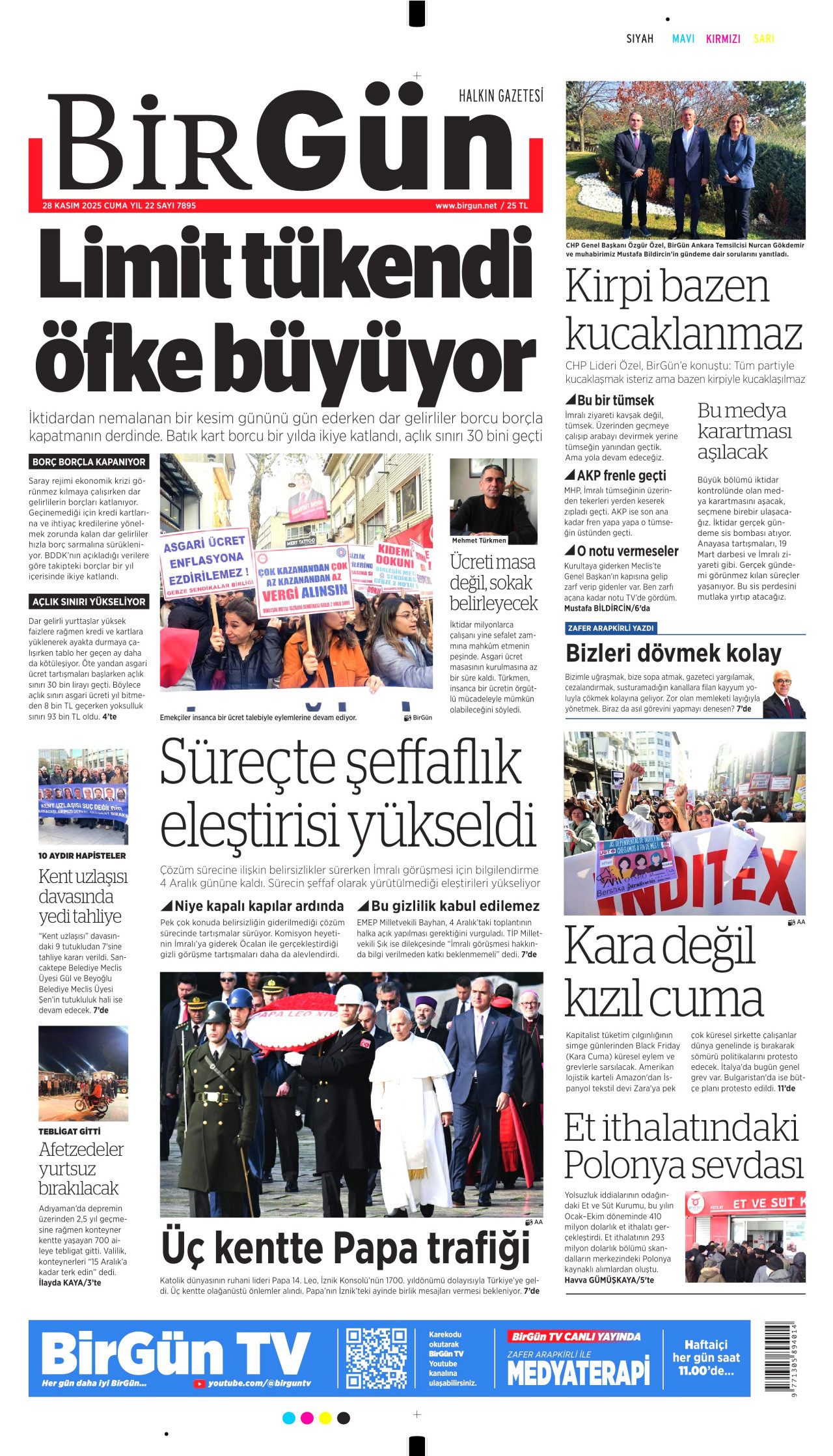BİRGÜN gazetesinin 28 Kasım 2025 tarihli birinci sayfası