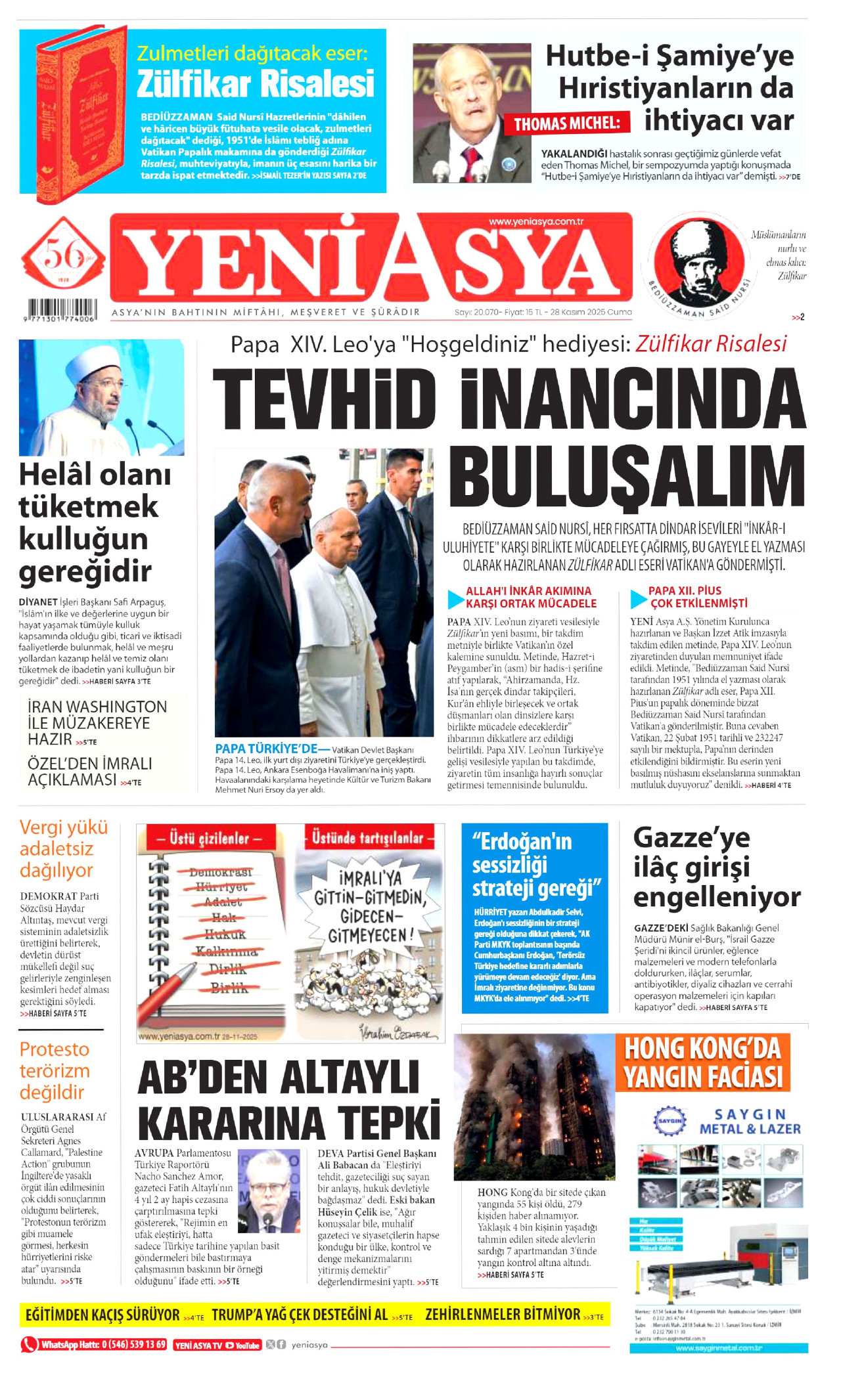 YENİ ASYA gazetesinin 28 Kasım 2025 tarihli birinci sayfası