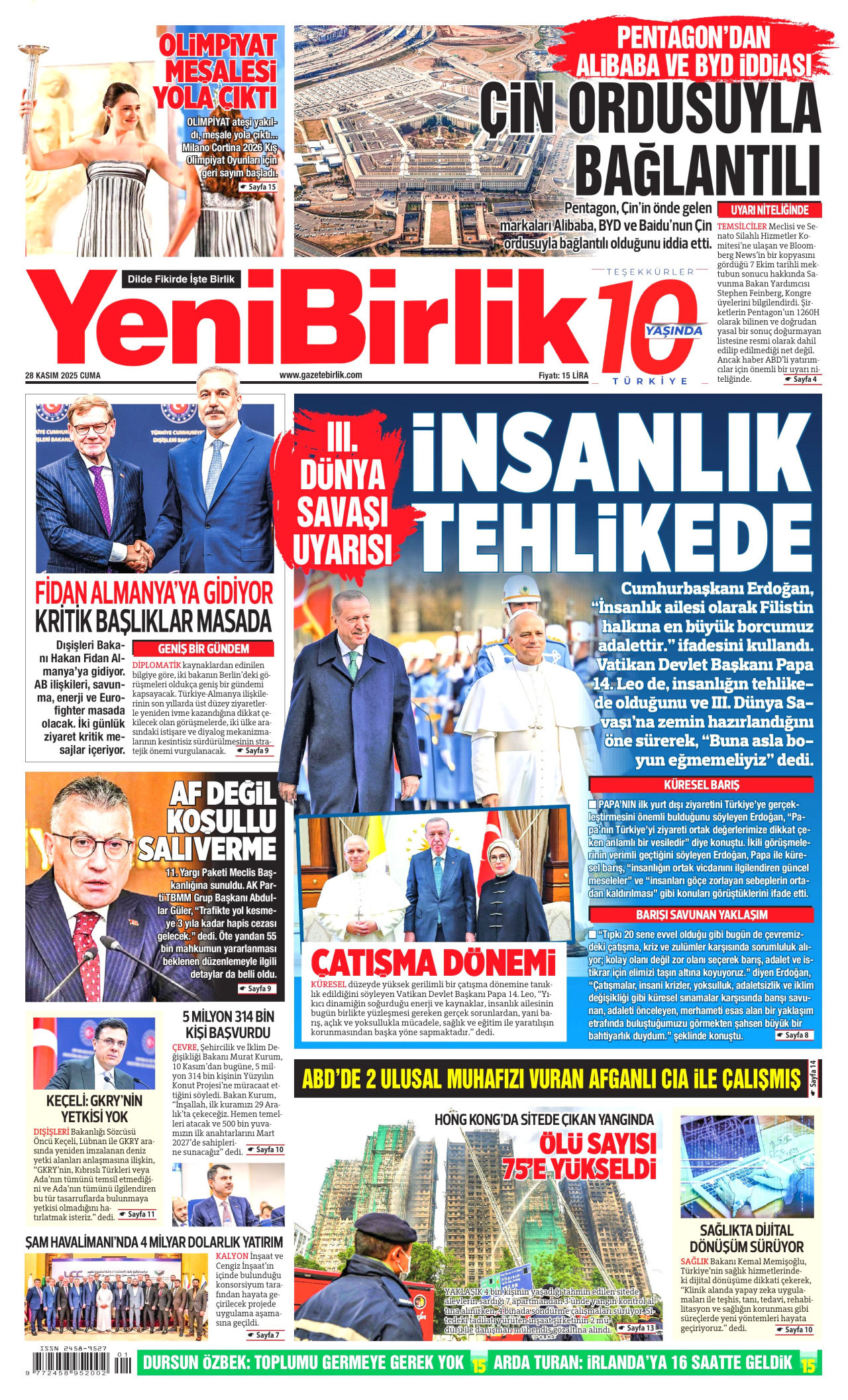 YENİBİRLİK gazetesinin 28 Kasım 2025 tarihli birinci sayfası