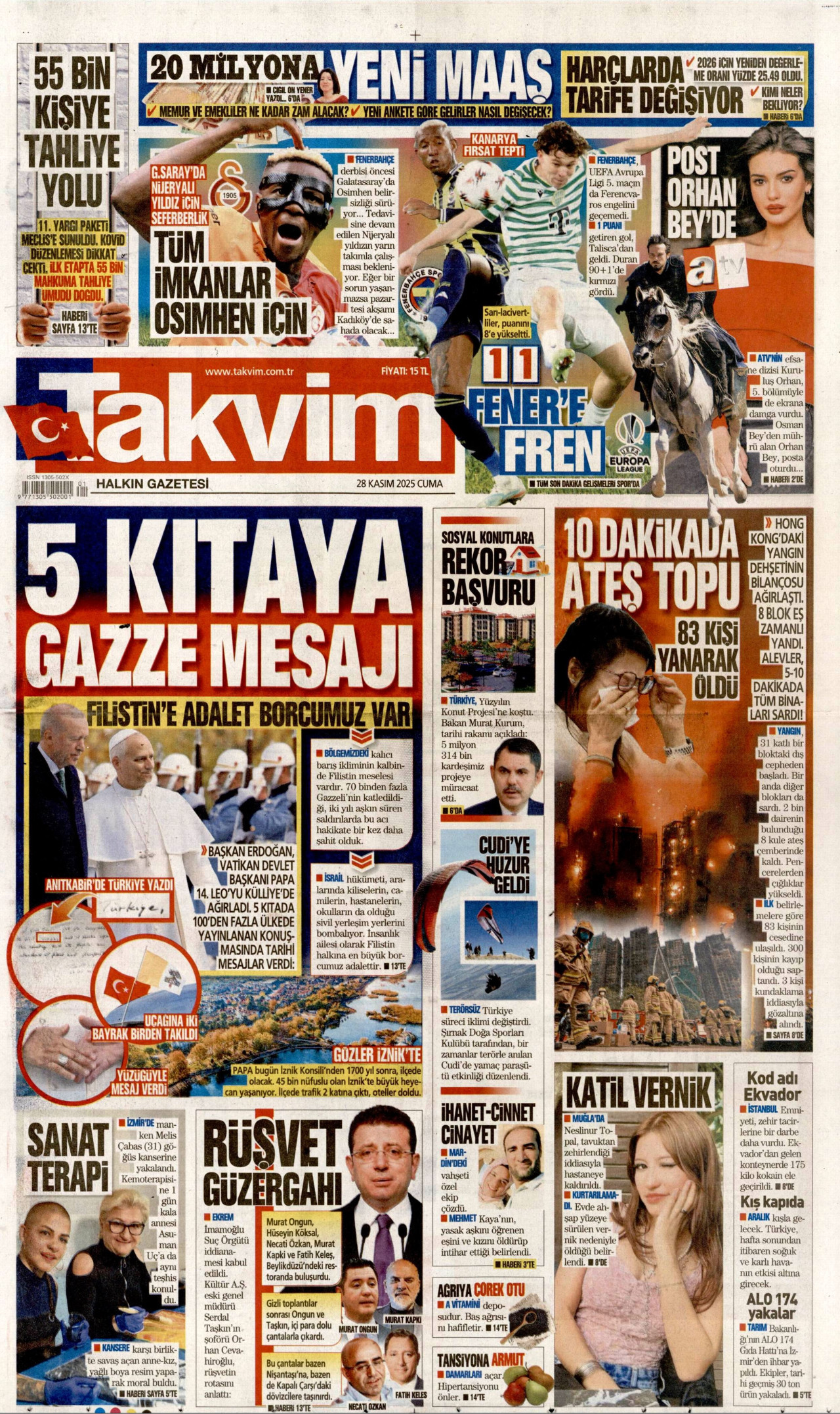 TAKVİM gazetesinin 28 Kasım 2025 tarihli birinci sayfası