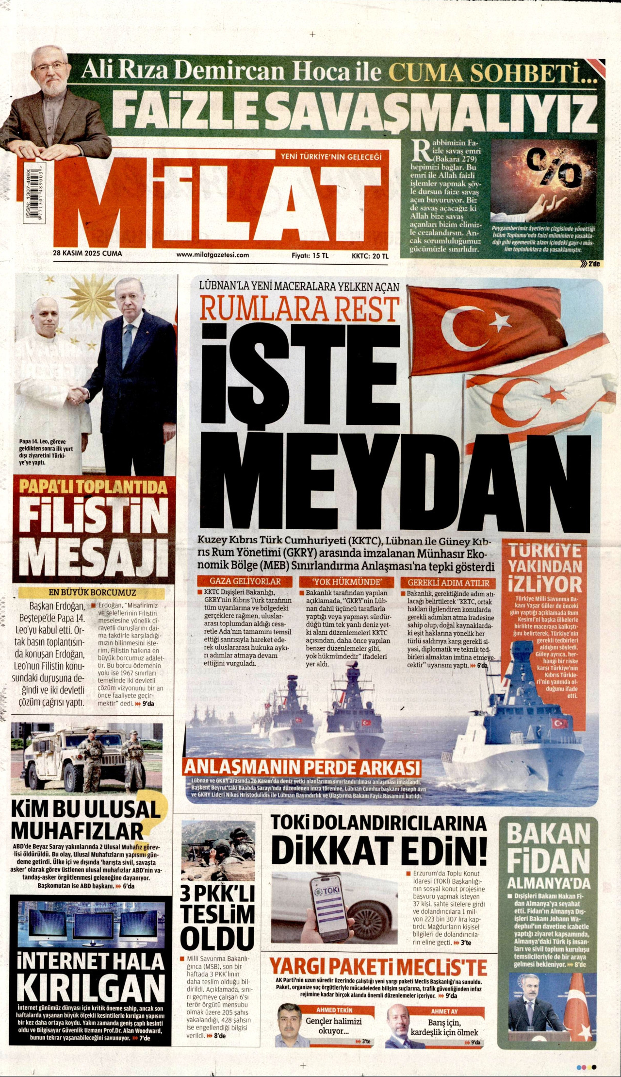MİLAT gazetesinin 28 Kasım 2025 tarihli birinci sayfası