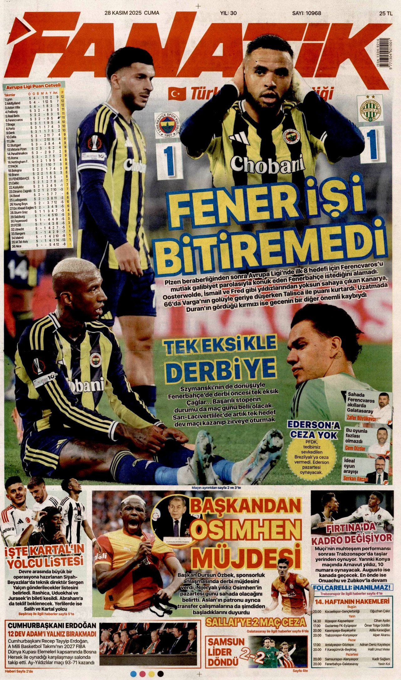 FANATİK gazetesinin 28 Kasım 2025 tarihli birinci sayfası