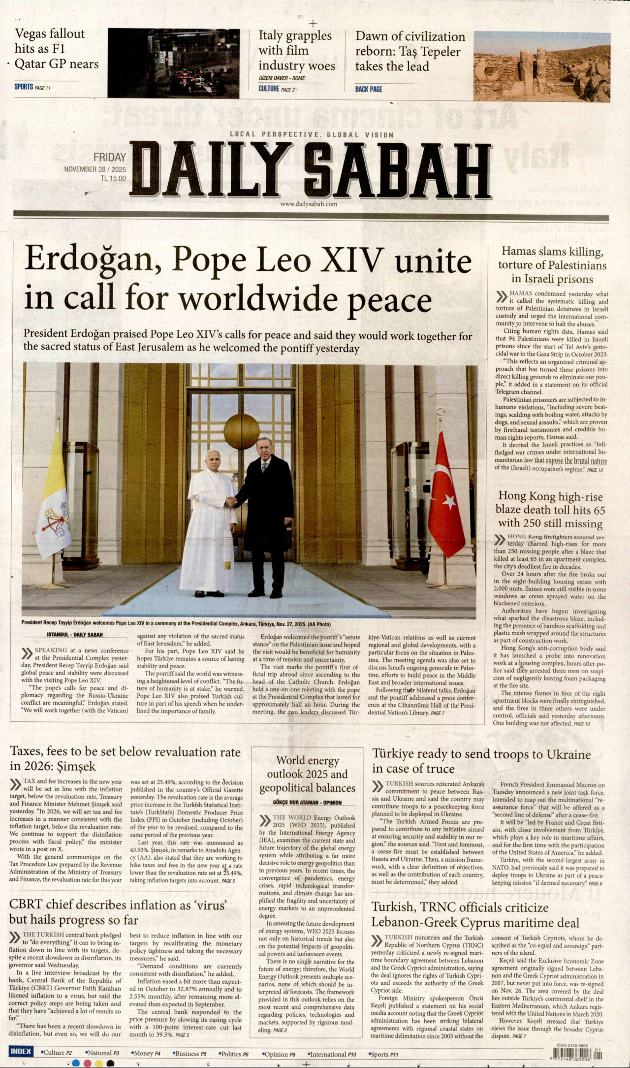 DAİLY SABAH gazetesinin 28 Kasım 2025 tarihli birinci sayfası