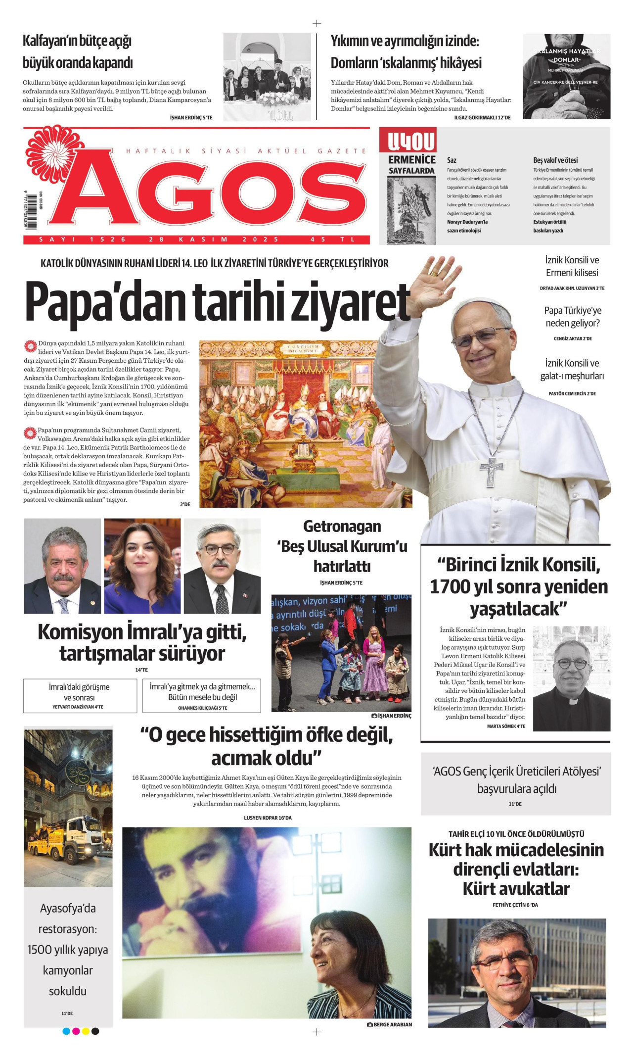 AGOS gazetesinin 28 Kasım 2025 tarihli birinci sayfası