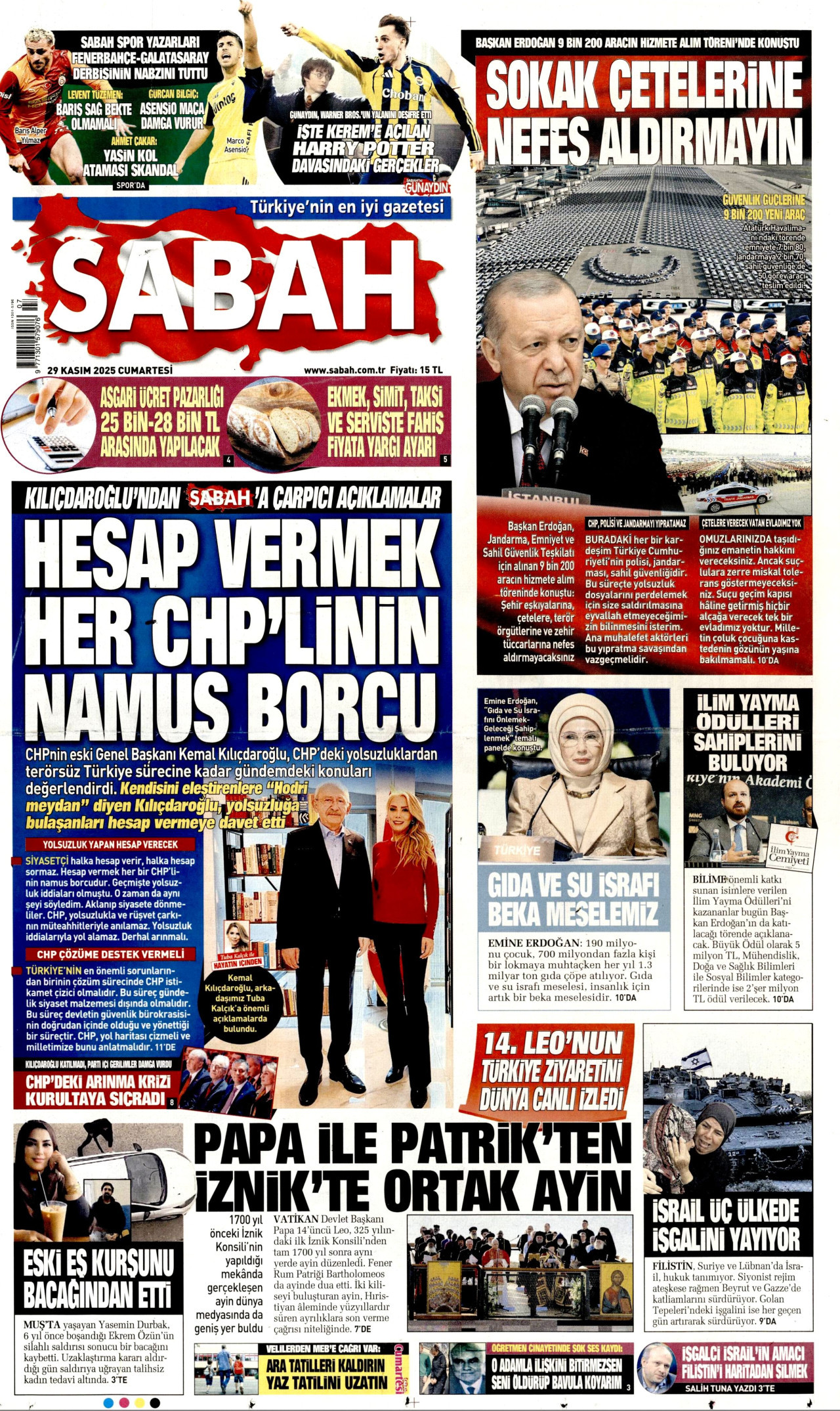 SABAH gazetesinin 29 Kasım 2025 tarihli birinci sayfası