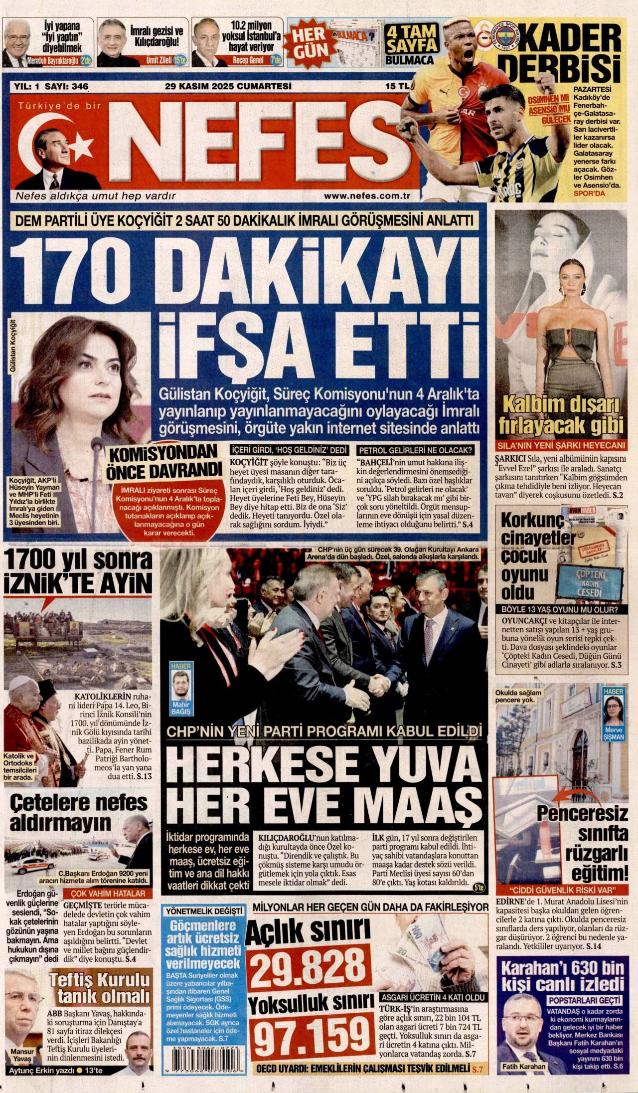 NEFES gazetesinin 29 Kasım 2025 tarihli birinci sayfası
