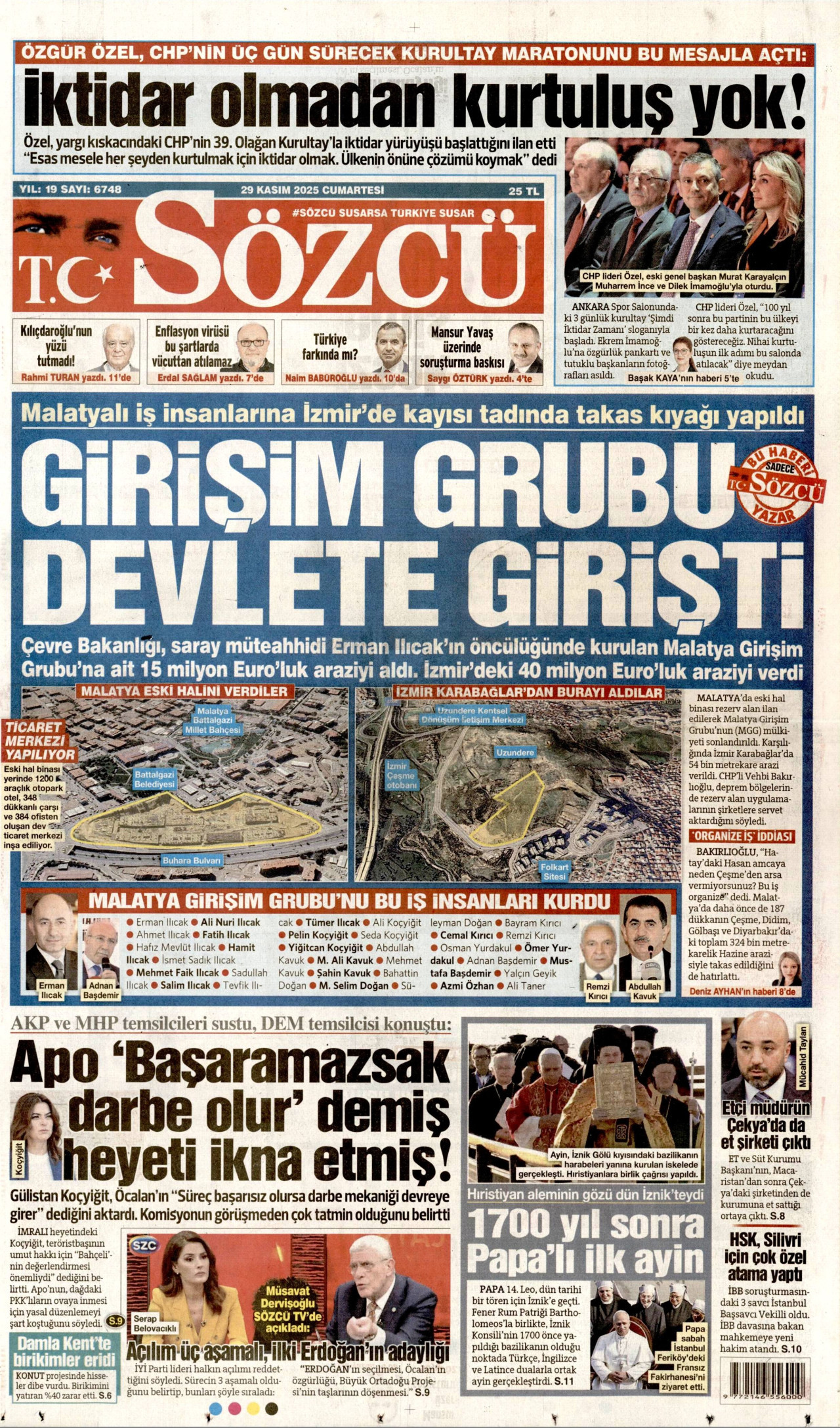 SÖZCÜ gazetesinin 29 Kasım 2025 tarihli birinci sayfası