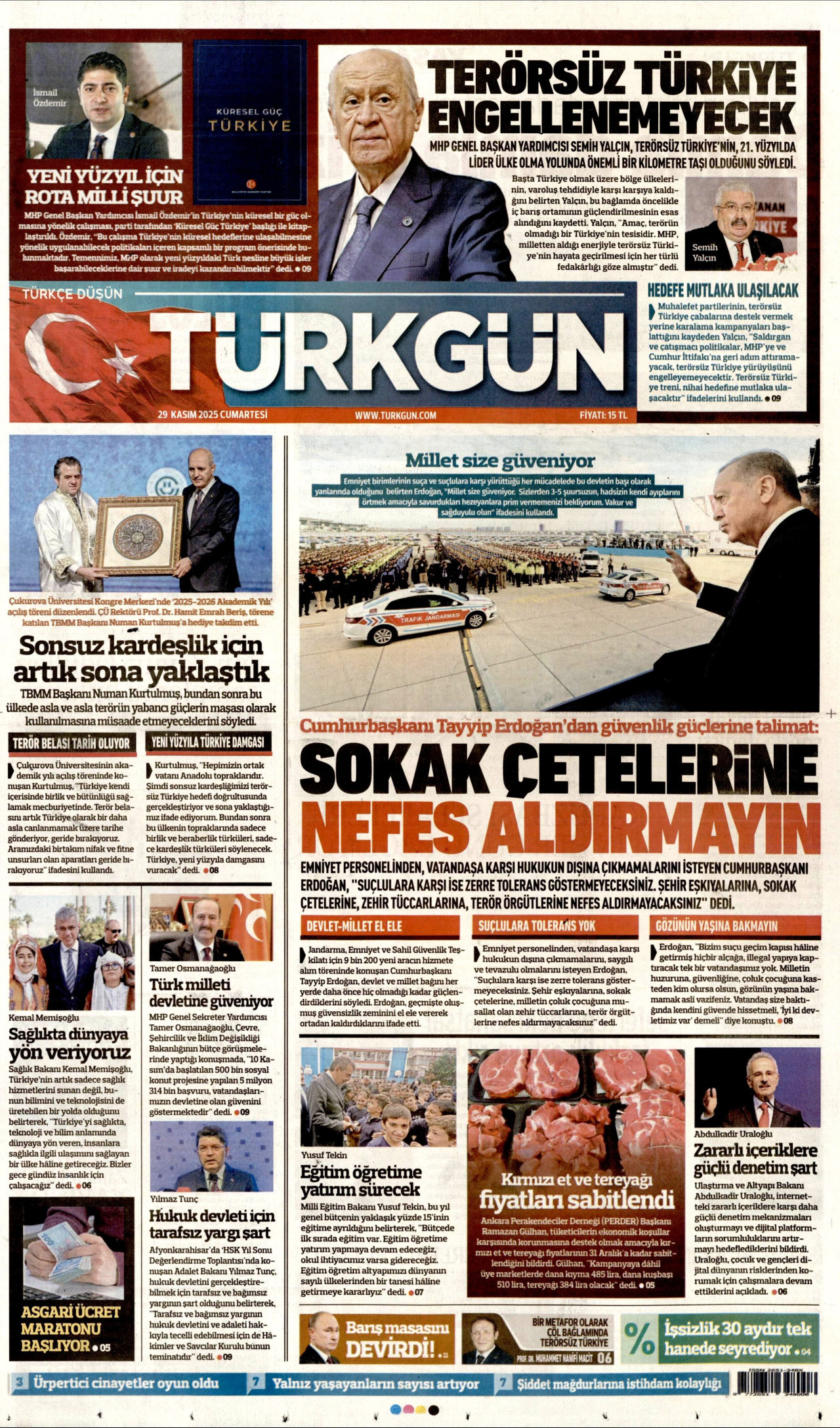 TÜRKGÜN gazetesinin 29 Kasım 2025 tarihli birinci sayfası