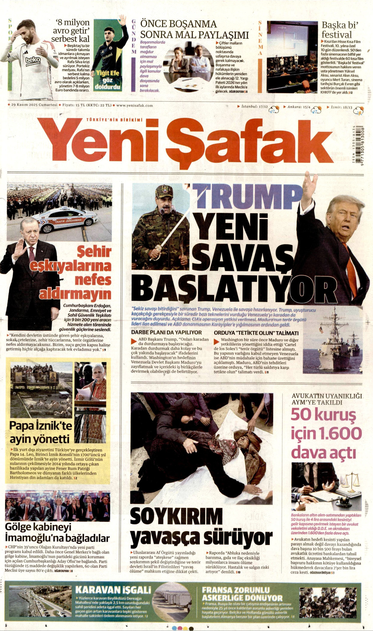 YENİ ŞAFAK gazetesinin 29 Kasım 2025 tarihli birinci sayfası