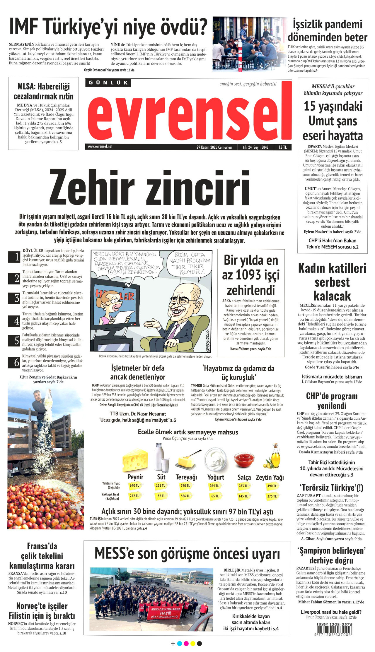 EVRENSEL gazetesinin 29 Kasım 2025 tarihli birinci sayfası
