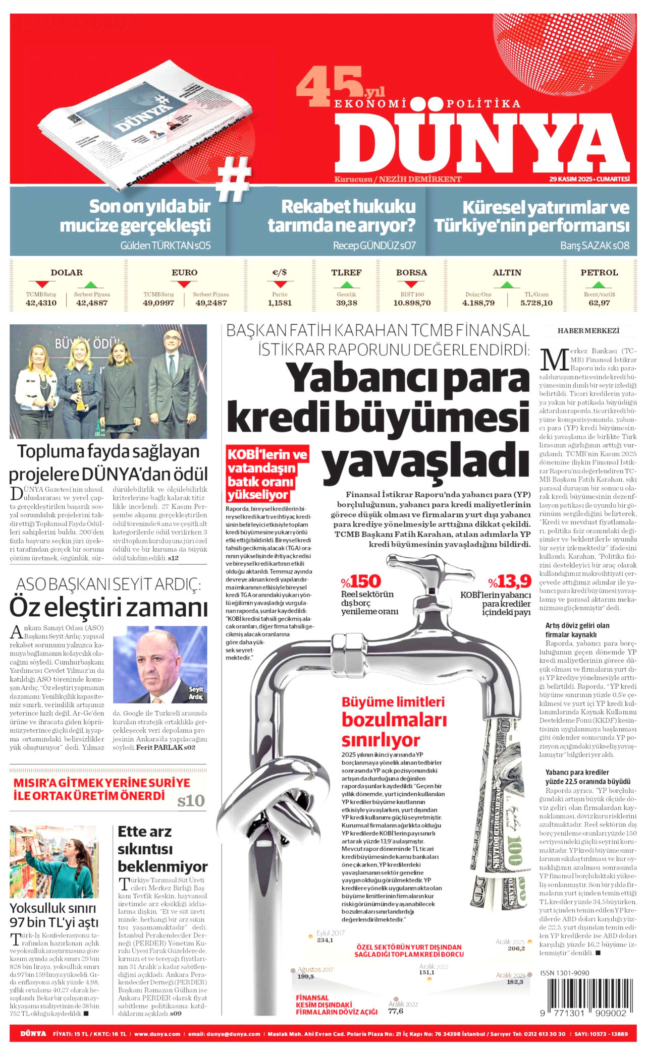 DÜNYA gazetesinin 29 Kasım 2025 tarihli birinci sayfası