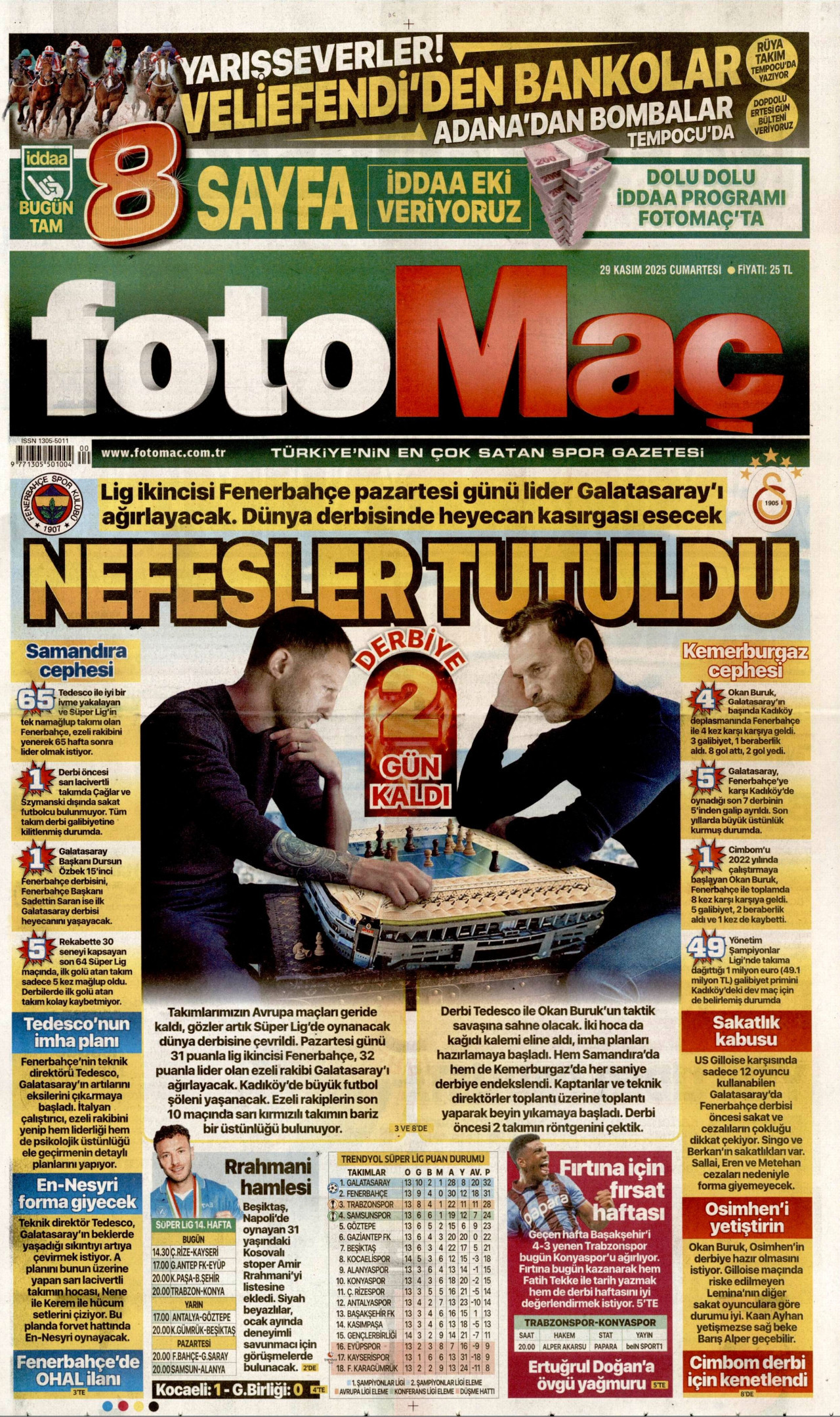 FOTOMAÇ gazetesinin 29 Kasım 2025 tarihli birinci sayfası