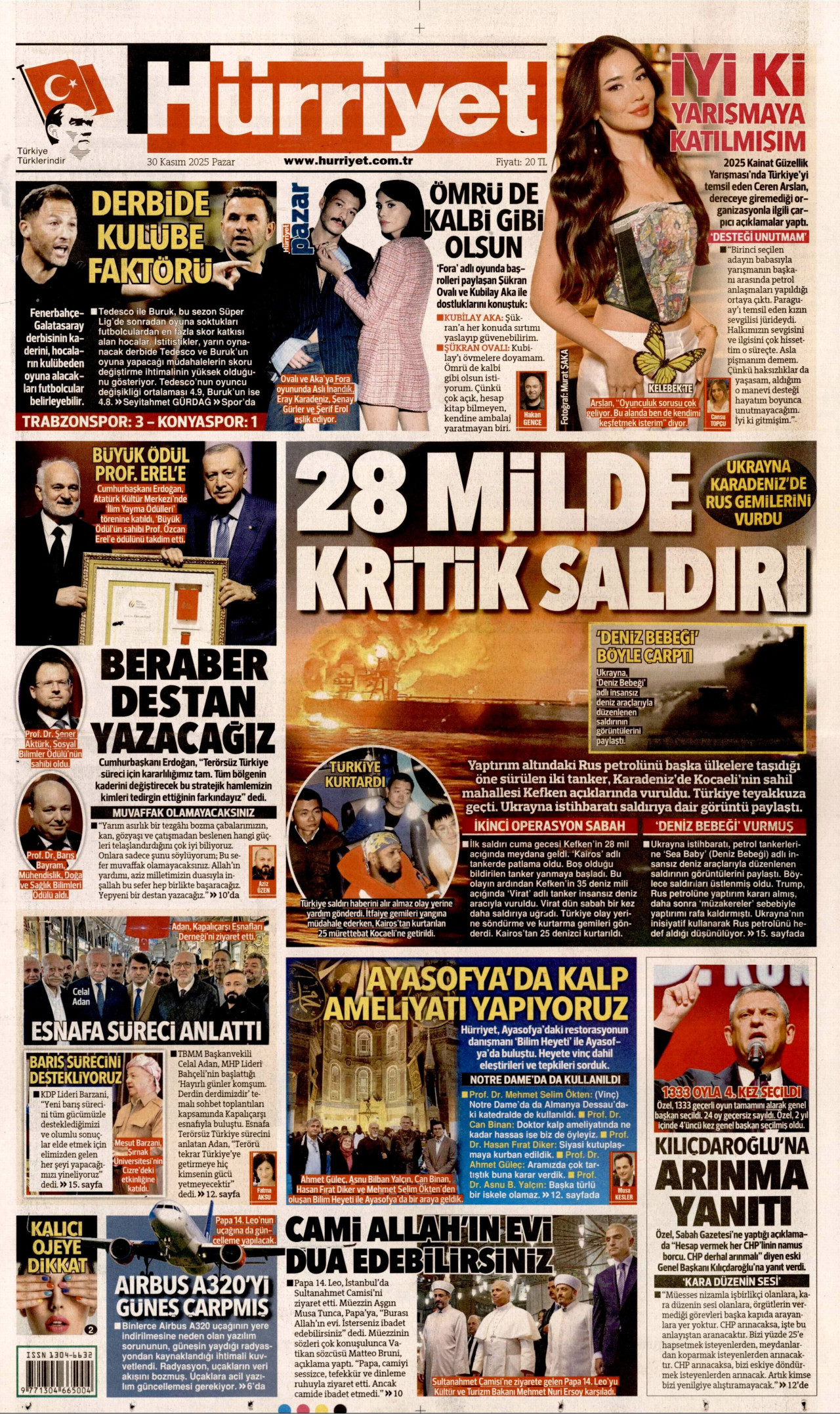 HÜRRİYET gazetesinin 30 Kasım 2025 tarihli birinci sayfası