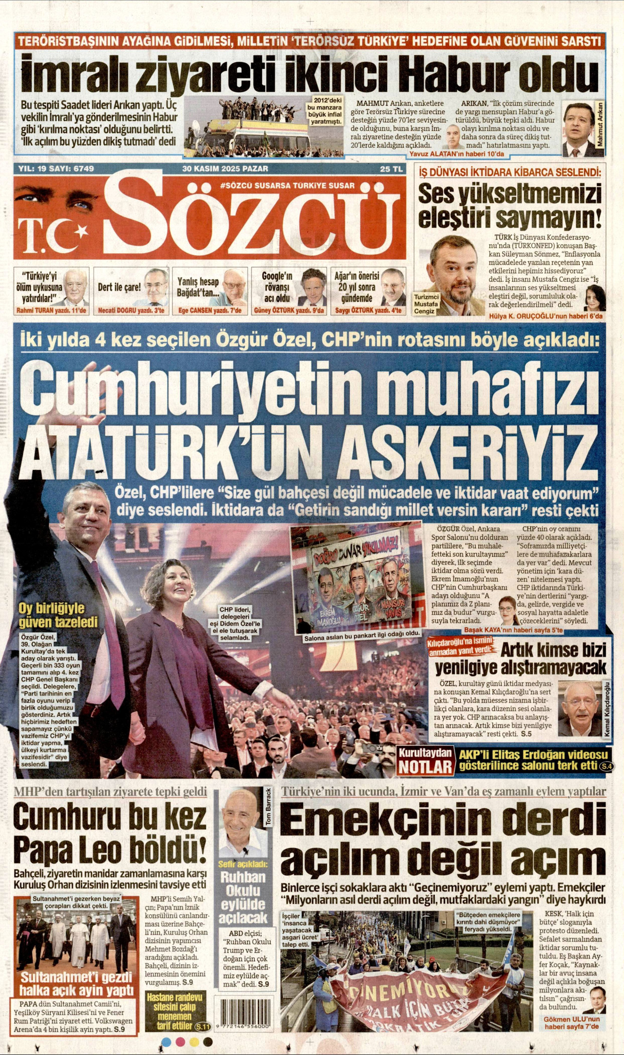 SÖZCÜ gazetesinin 30 Kasım 2025 tarihli birinci sayfası