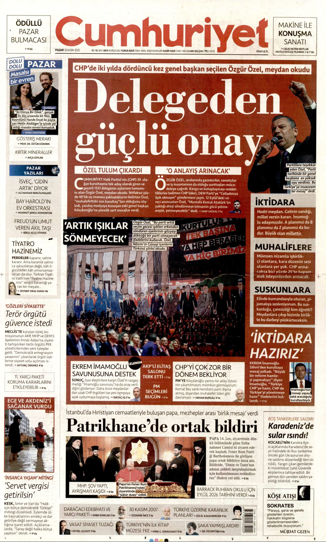 CUMHURİYET gazetesinin 30 Kasım 2025 tarihli birinci sayfası