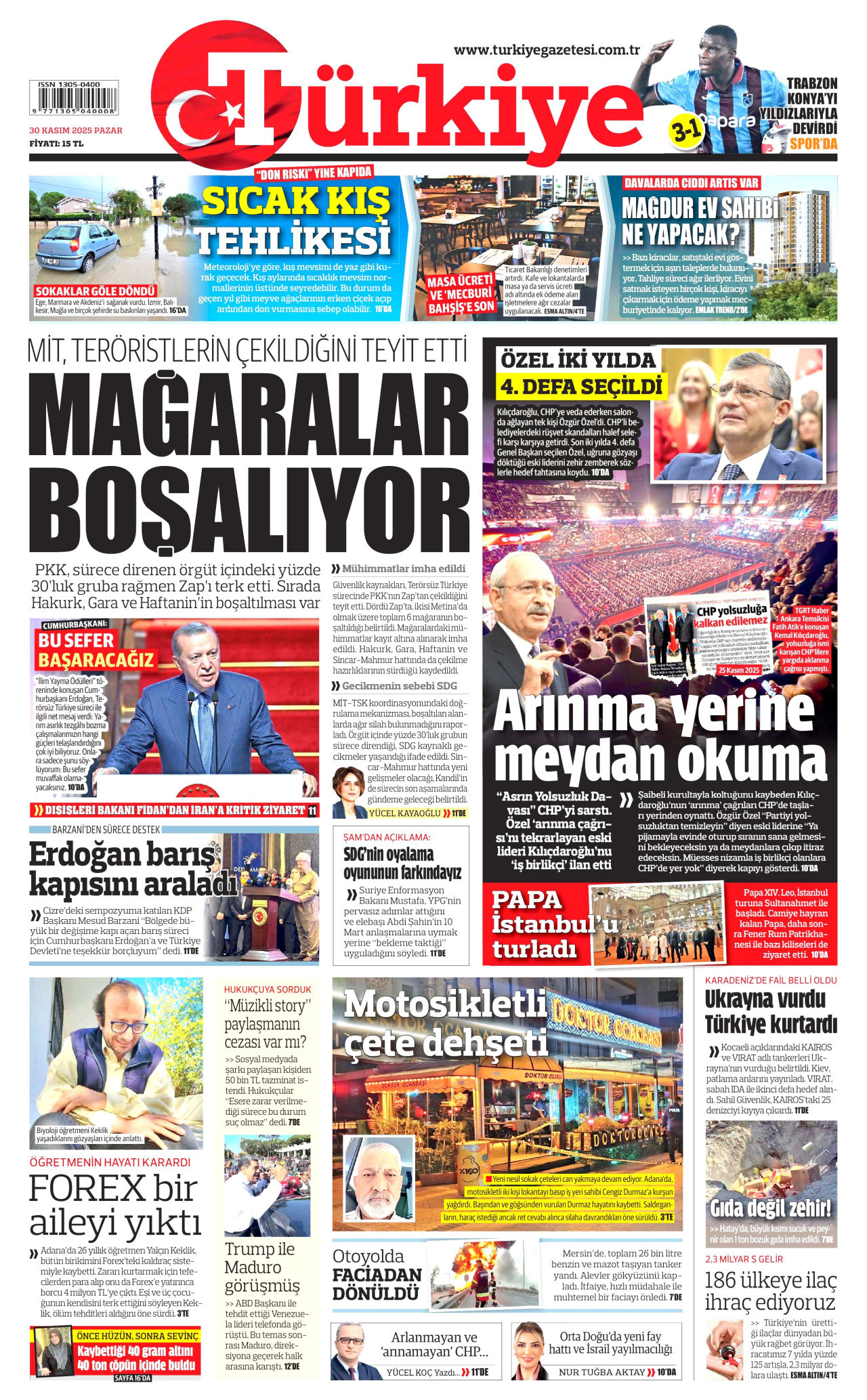 TÜRKİYE GAZETESİ gazetesinin 30 Kasım 2025 tarihli birinci sayfası