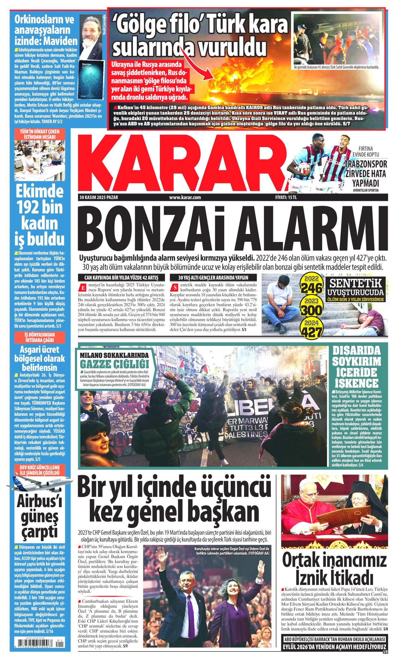 KARAR gazetesinin 30 Kasım 2025 tarihli birinci sayfası