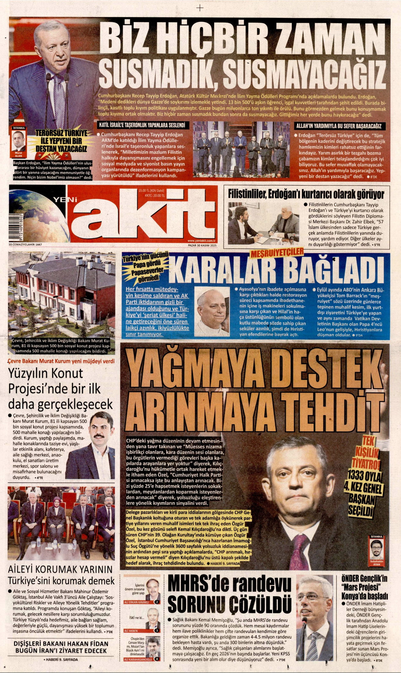 YENİ AKİT gazetesinin 30 Kasım 2025 tarihli birinci sayfası