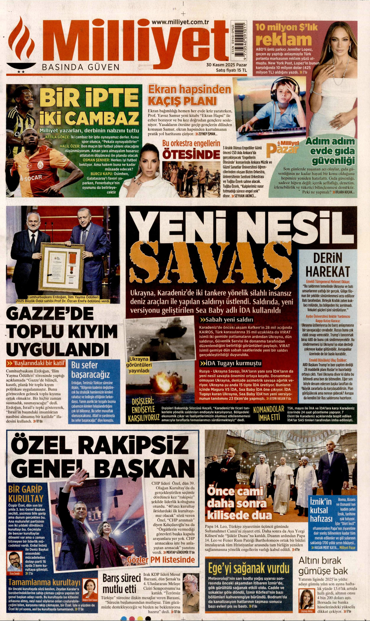 MİLLİYET gazetesinin 30 Kasım 2025 tarihli birinci sayfası